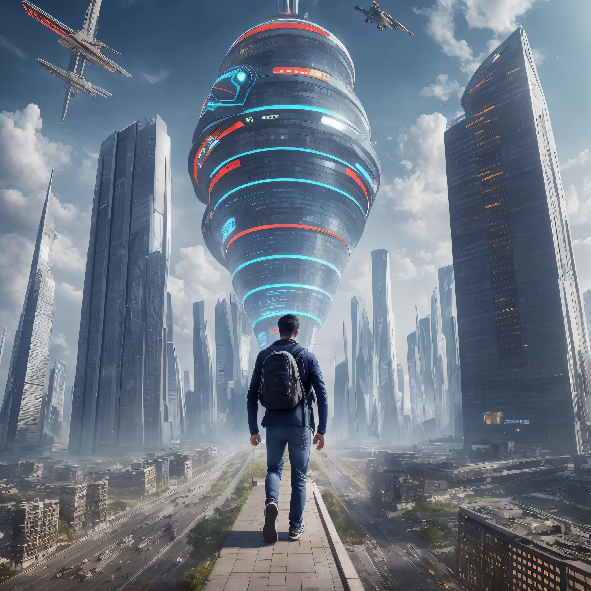 Image size 16:9 : A determined-looking young man, carrying a backpack on his back, walking towards a distant horizon, where the futuristic city of Neonova stands out amid the clouds. --auto --s2