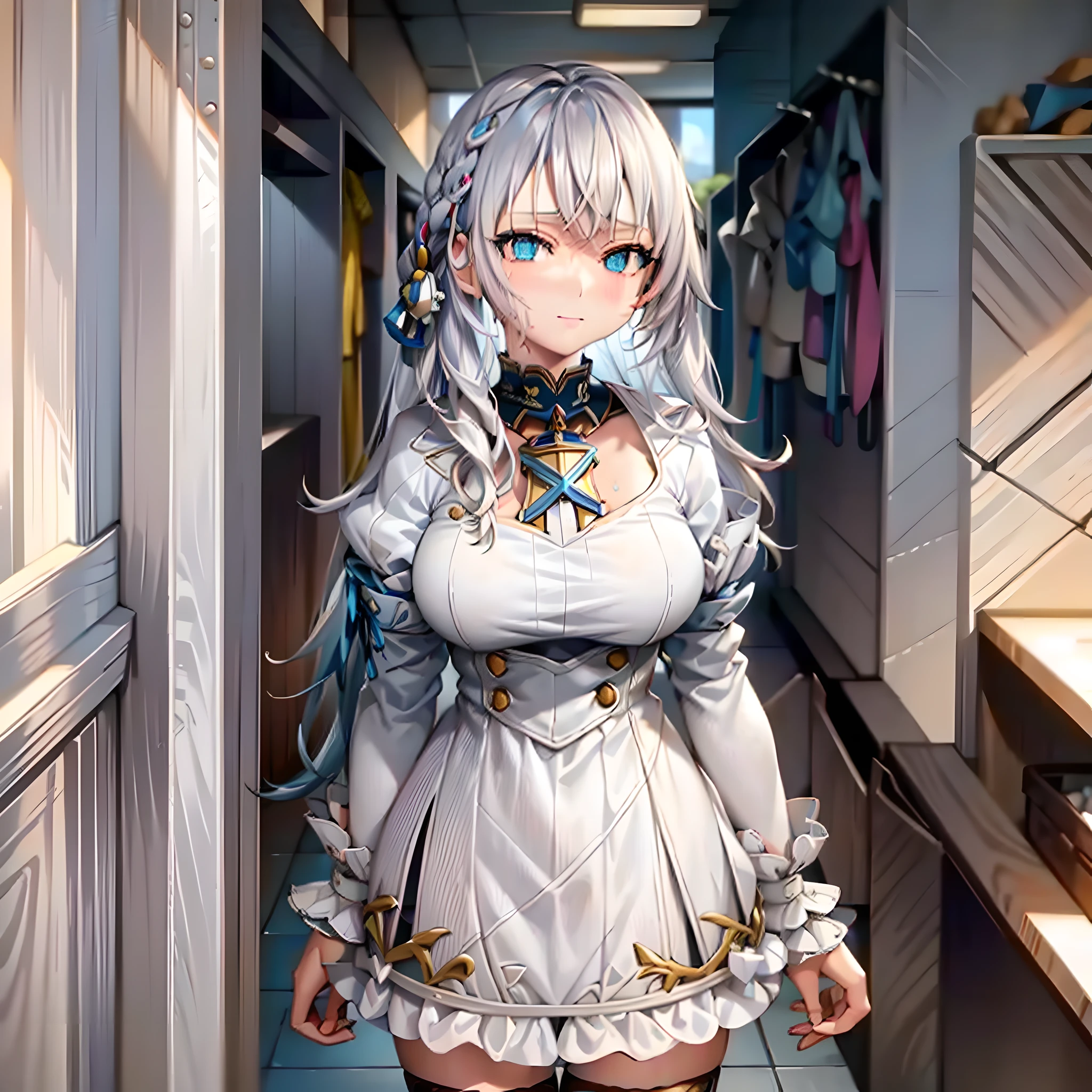 clothes reflecting light, (light diffraction on skin: 1.35), (glossy skin: 1.55), (iridescence effect: 1.55),anime, a woman with white hair and blue eyes smiling seductively is standing in a room, , process art, seductive anime girl, **** in dress, visual anime of a cute girl, girl with perfect white hair, anime moe artstyle,  fine details. Girls Frontline, From Girls Frontline, A Hyperrealistic Schoolgir, Anime Girl Wearing White Shirt with Blue Hair, Breasts, 1Girl, Neckline, Shirt, Long Hair, Blue Eyes, Drowning, Solo, White Shirt, Big Breasts, Wet, Wet Clothes, Blush, Short Sleeves, Bangs,(Masterpiece, Best Quality, Ultra-Detailed: 1.6), Illustration, (Solo, 1 Girl, Beautiful Detailed Eyes: 1.2), City, Street,Making a Heart with Your Fingers