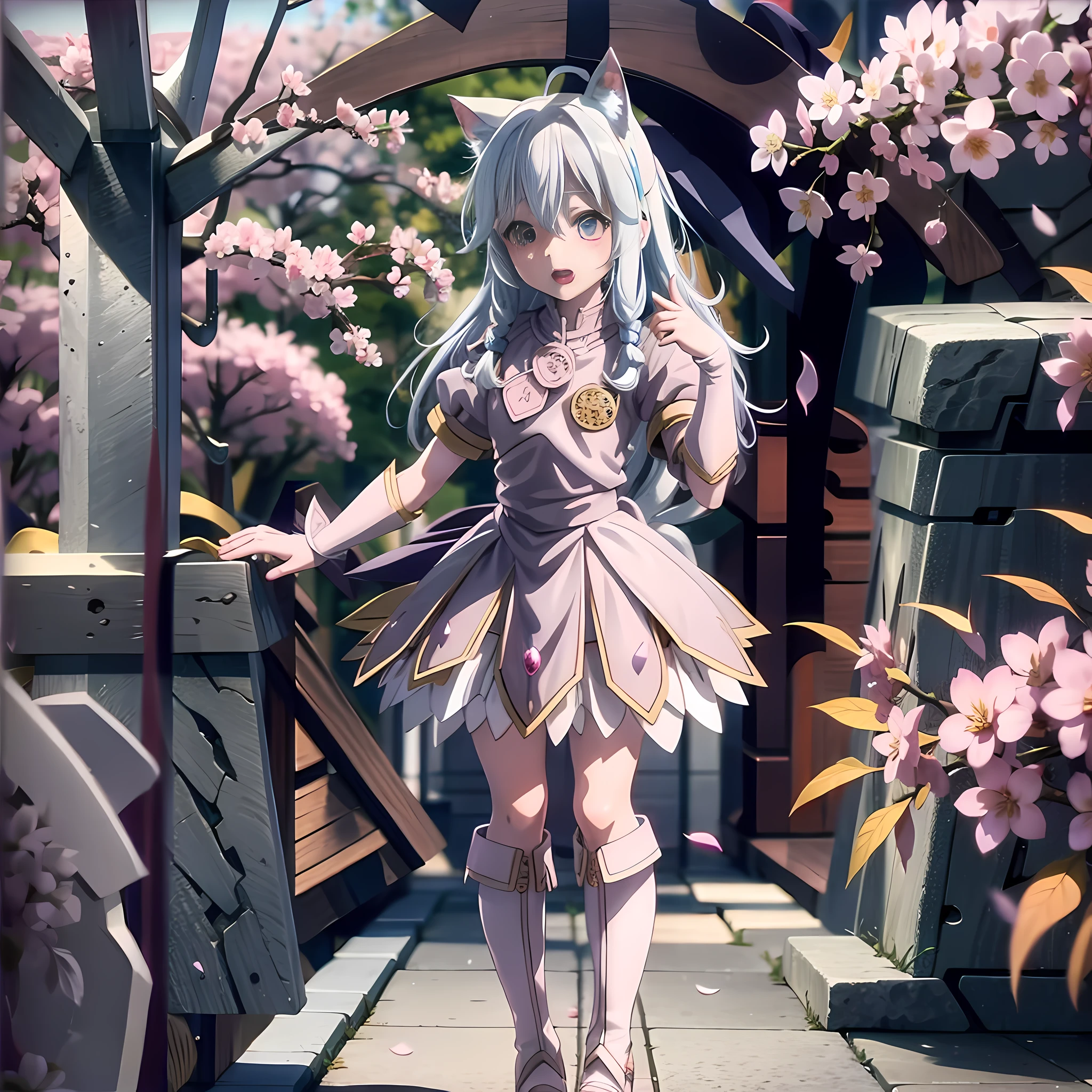 Anime girl with white hair and cat ears, purple eyes, shy blush, wet school uniform under cherry blossom tree white stockings skirt maid anime japanese HD