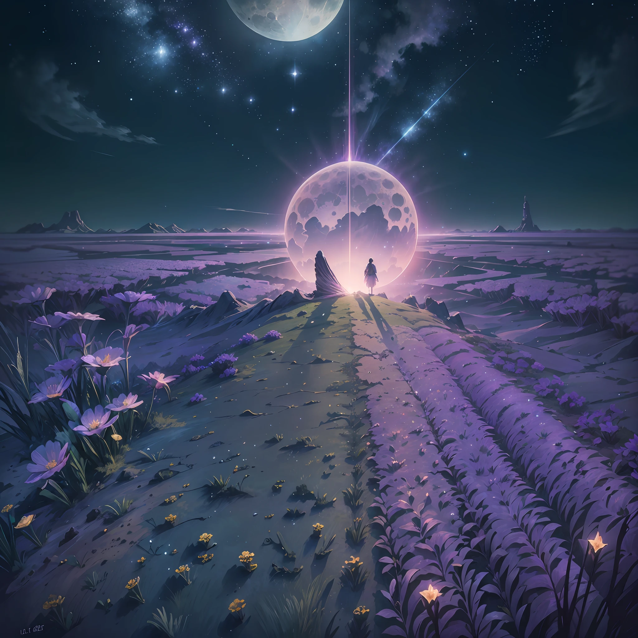 landscape photography, (a view from below showing the sky above and the open field below), a girl standing in a field of flowers looking up, (full moon: 1.2), (shooting stars: 0.9), (nebula: 1.3), distant mountain, tree BREAK production art, (hot light source: 1.2), (Firefly: 1.2), lamp, very purple and green, complex details,  BREAK volumetric lighting (masterpiece: 1.2), (best quality), 4k, ultra-detailed, (dynamic composition: 1.4), highly detailed color details (iridescent colors: 1.2), (bright lighting, atmospheric lighting), dreamy, magical, (solo: 1.2) --auto --s2