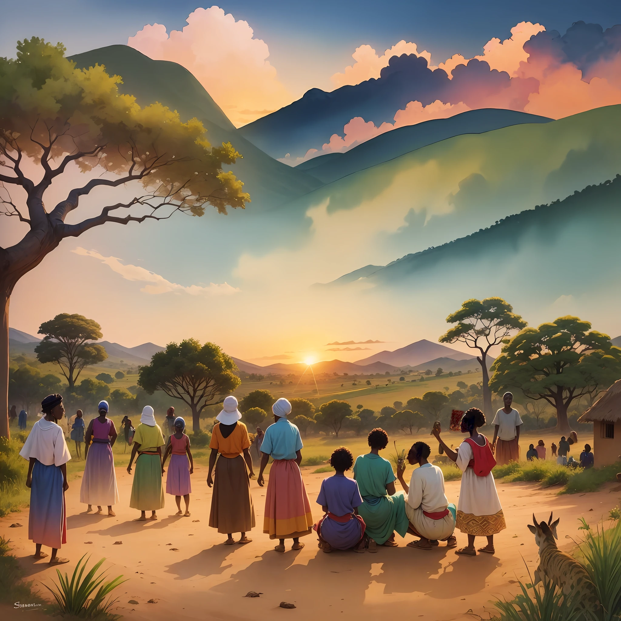 A watercolor painting shows vibrant African villagers engaging in community activities and valuing their cultural heritage against a backdrop of rolling hills, baobab trees and a radiant sunset --auto --s2