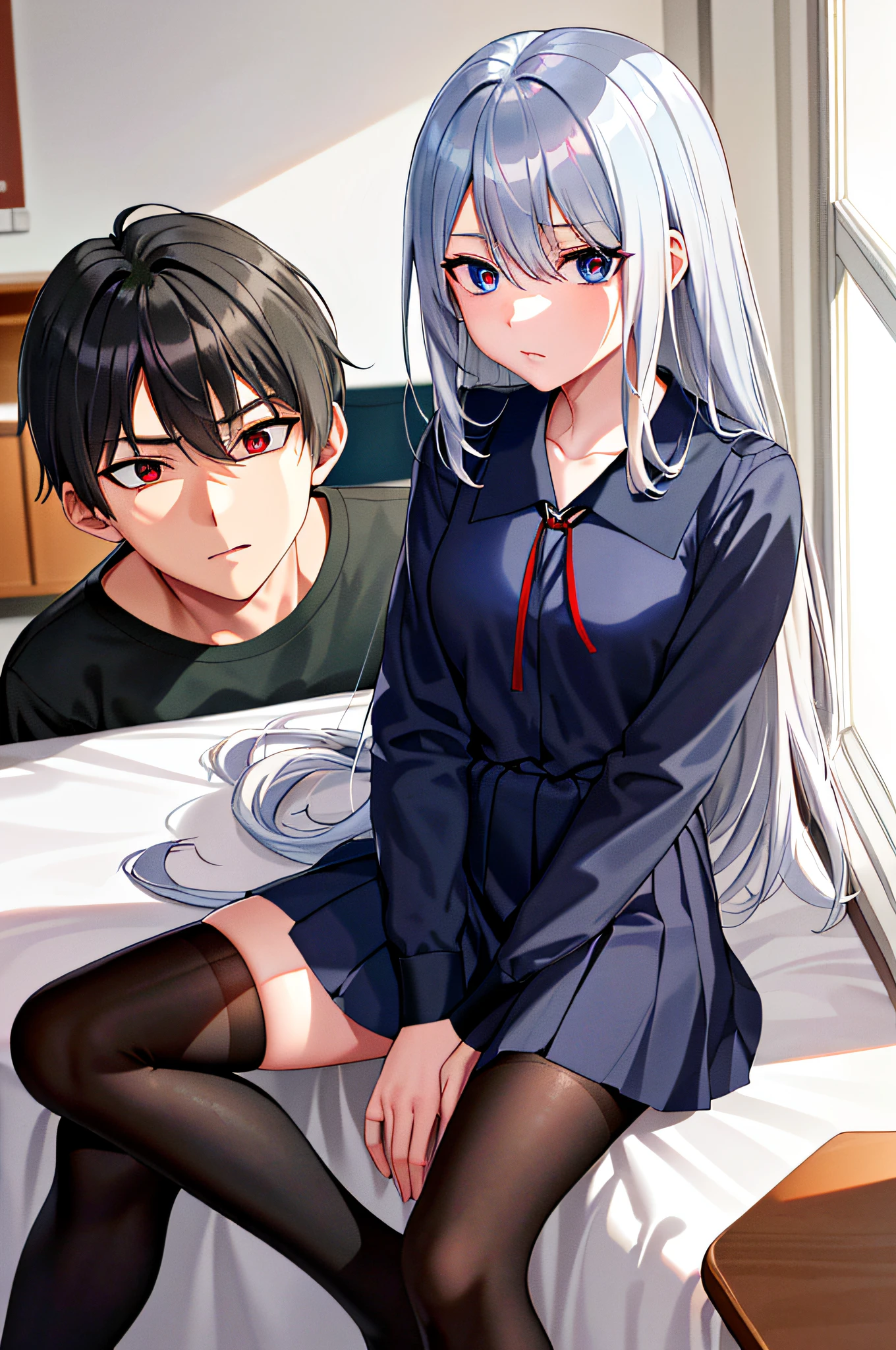 (masterpiece), (best quality), highres, ((((1girl she has gray hair with blue eyes and 1boy he has short black hair with red eyes who are classmates))))), ((((They have different hair colors and eyes do not confuse)))), (draws Kei and kiyotaka ayanokoji looking at each other), (2schoolmates who are Kei and kiyotaka ayanokoji looking at each other), (kei1), (1girl), solo, ((((she has blue eyes)))), (she has long hair), (she wears a school uniform), (she has ribbon), (she has bangs), collarbone, she has gray hair, she has black hair band, she has neck ribbon, hair between her eyes, she has medium breasts, cowboy shot, she is looking seriously at kiyotaka ayanokoji, anatomically correct whole body, is inside a school room, is sitting on a bed with her legs together, full detached scenary, (1boy), (kiyotaka ayanokoji), -yeld teger, school uniform white shirt black jacket open jacket red tie long black pants sitting, ((((he has red eyes)))), ((he has short black hair)), anatomically correct whole body, he has a jesus necklace around his neck, normal legs, wears black shoes, (he's looking at Kei1 or the girl), he's sitting in a chair, he's facing Kei, (full detail escenario)