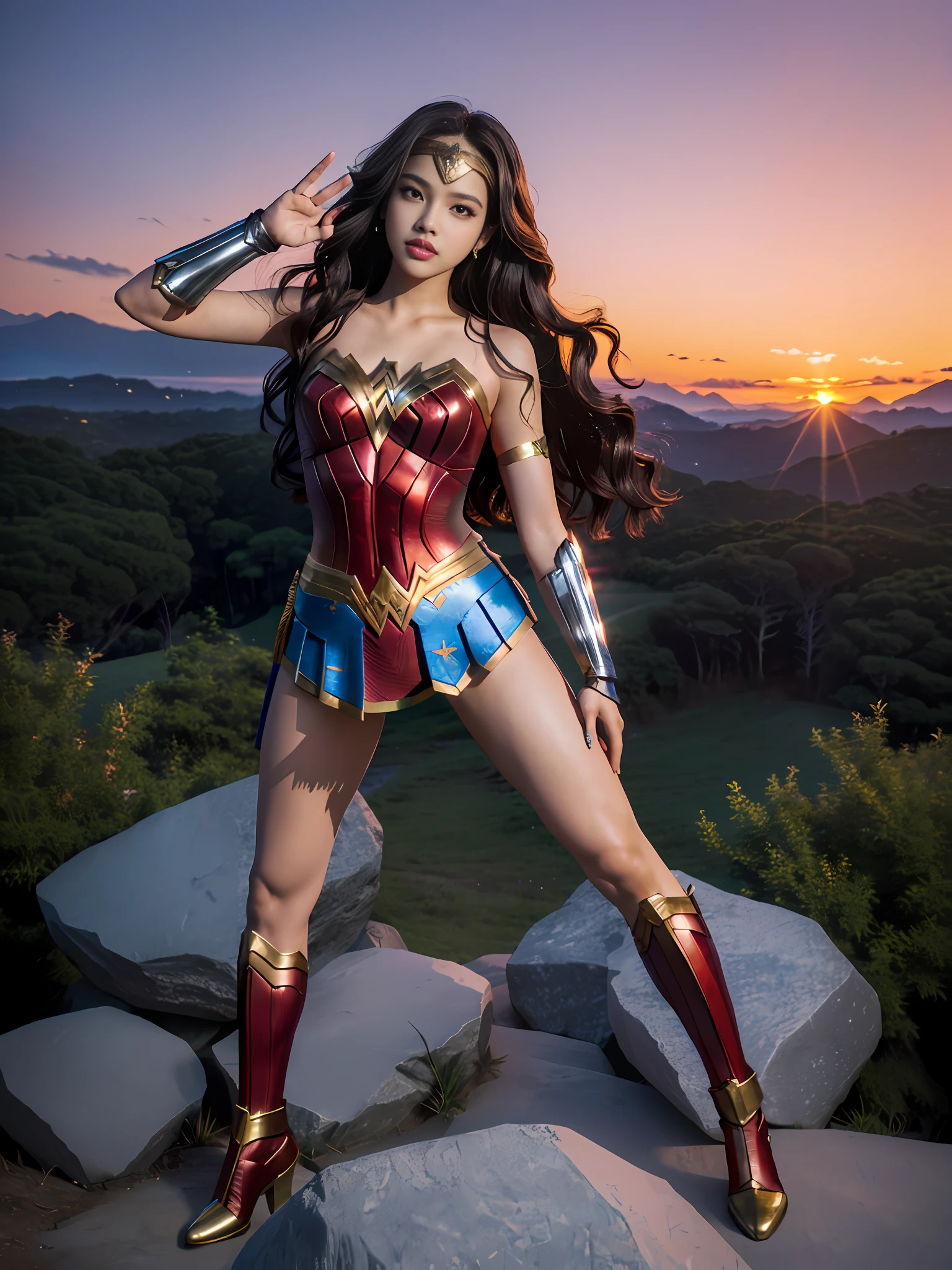 Lalilsa of Blackpink wearing Wonder Woman costume, victory pose looking forward, with a landscape of rocks and foliage in the background, sunset.