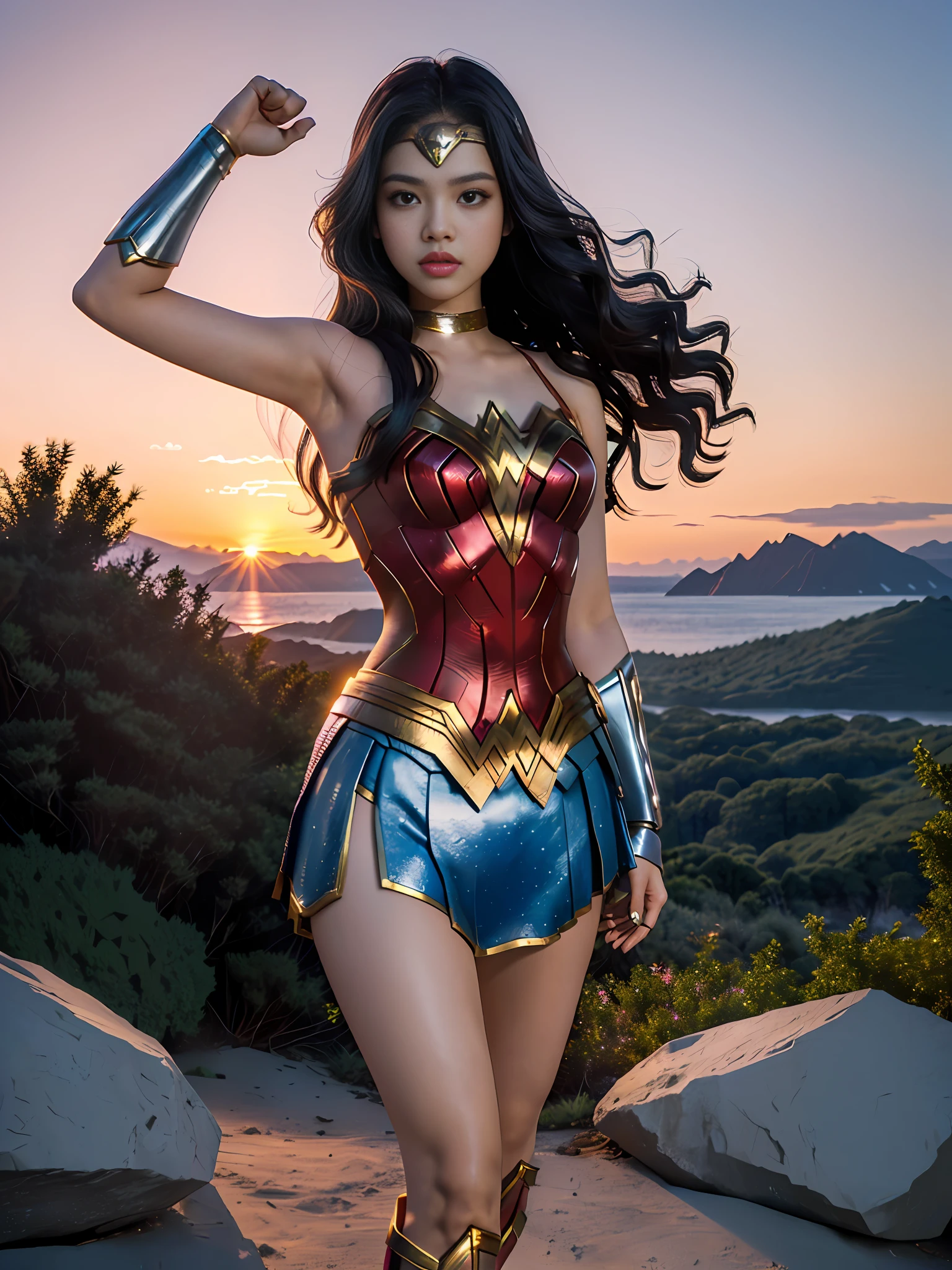 Lalilsa of Blackpink wearing Wonder Woman costume, victory pose looking forward, with a landscape of rocks and foliage in the background, sunset.