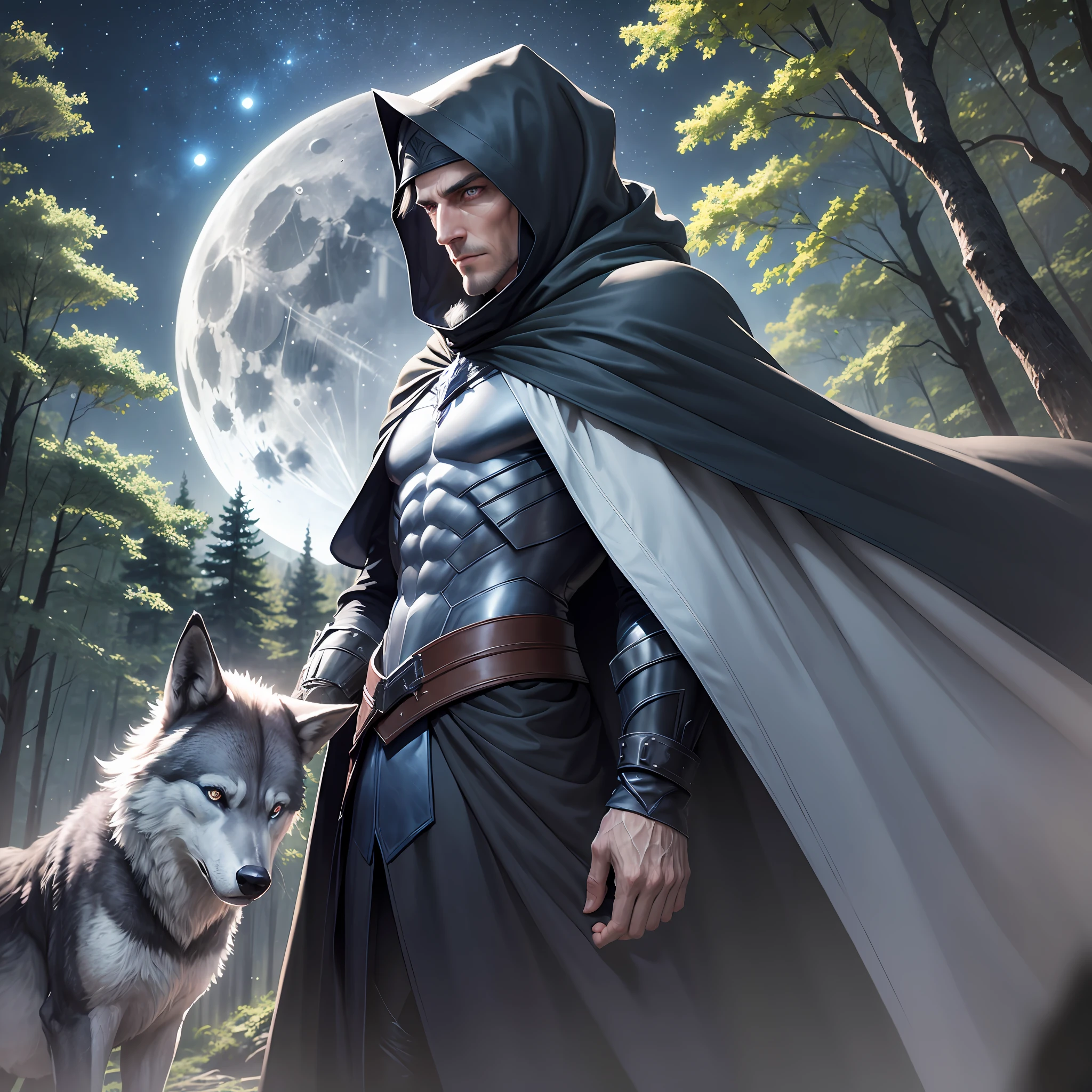 Ultra-realistic, tall man with blue eyes, long black cape and hood on his head, next to an animal wolf, blue-eyed, gray-haired, view of the forest behind, full moon in the sky and stars shining --auto --s2