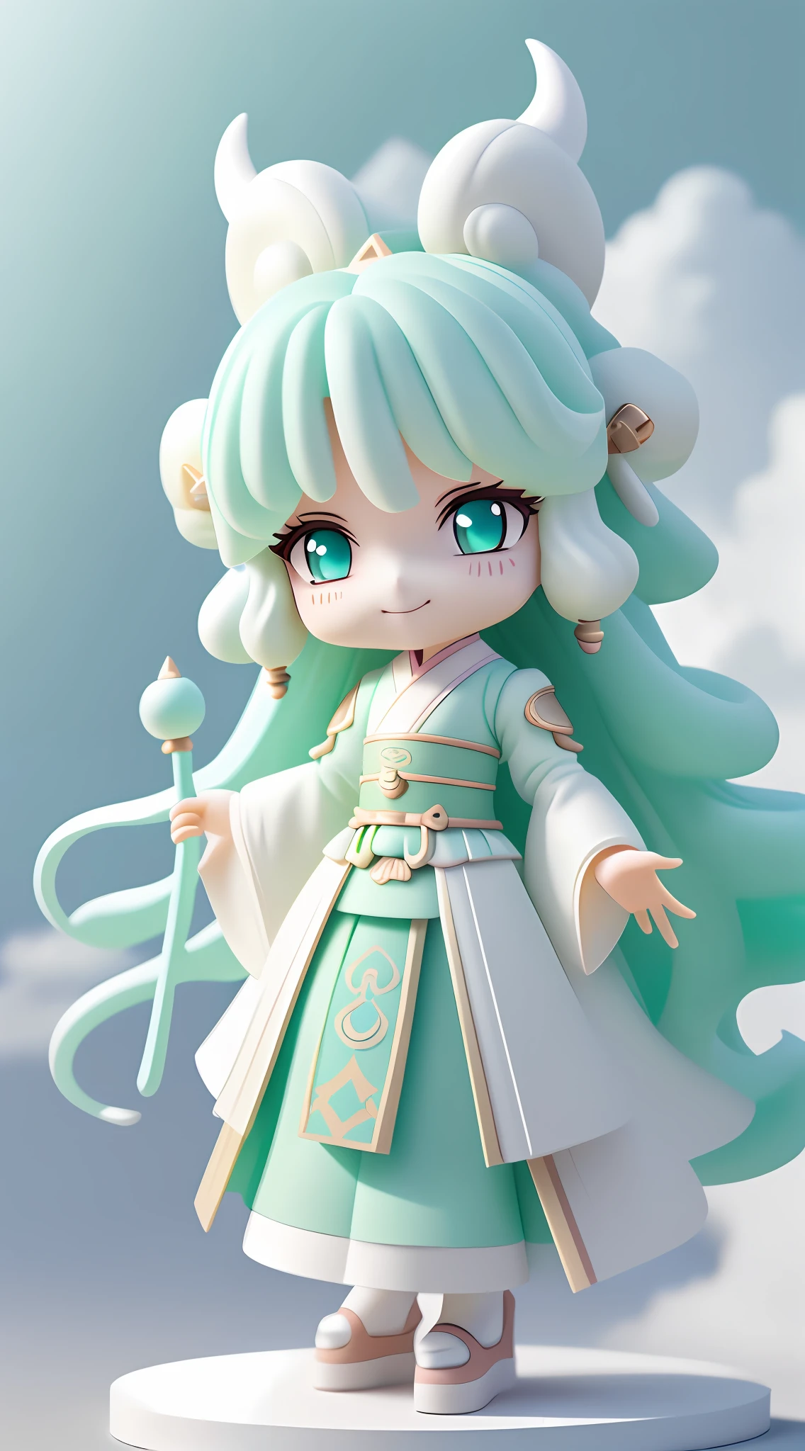 Dragon, long dragon horns, happy smile, (wearing Hanfu) fluffy, fluffy hair, soft ((best quality)), ((masterpiece)), (hair accessories)( extreme detail, highest detail, official art, beauty and aesthetics:1.2), depth of field, composition ( (full body) ), (chibi), (beautiful and detailed eyes: 1.3), (very happy:1) (light mint green and gradient white), popmart blind box, clay texture, cloud decorative background, natural light, best quality, Super Detail, 3D Art, C4D, Blender, OC Renderer, 3D Rendering, 8K