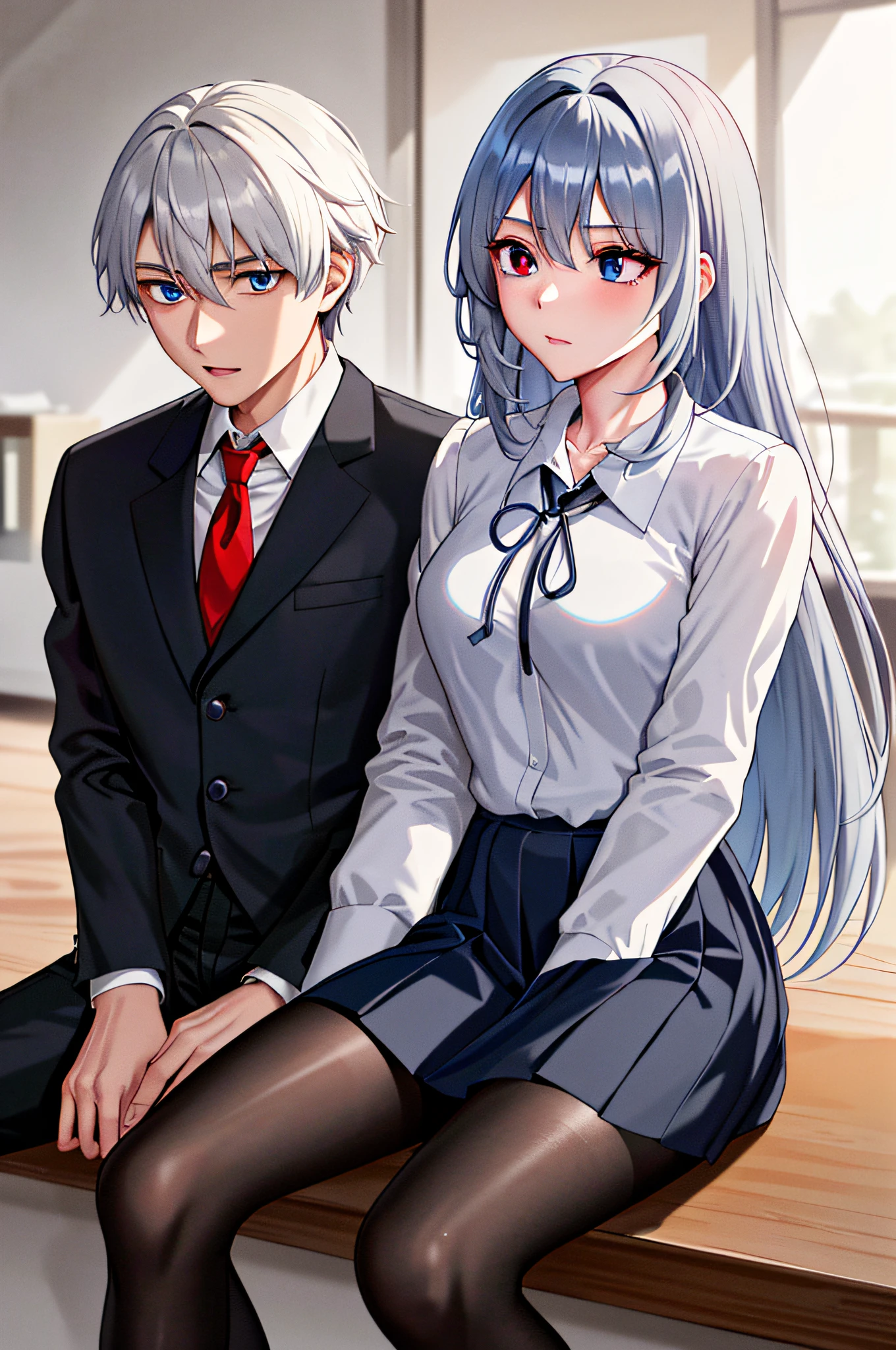 (masterpiece), (best quality), highres, ((((1girl she has gray hair with blue eyes and 1boy he has short black hair with red eyes who are classmates))))), ((((They have different hair colors and eyes do not confuse)))), (draws Kei and kiyotaka ayanokoji looking at each other), (2schoolmates who are Kei and kiyotaka ayanokoji looking at each other), (kei1), (1girl), solo, ((((she has blue eyes)))), (she has long hair), (she wears a school uniform), (she has ribbon), (she has bangs), collarbone, she has gray hair, she has black hair band, she has neck ribbon, hair between her eyes, she has medium breasts, cowboy shot, she is looking seriously at kiyotaka ayanokoji, anatomically correct whole body, is inside a school room, is sitting on a bed with her legs together, full detached scenary, (1boy), (kiyotaka ayanokoji), 15-year-old teenager, school uniform white shirt black jacket open jacket red tie long black pants sitting, ((((he has red eyes)))), ((he has short black hair)), anatomically correct whole body, he has a jesus necklace around his neck, normal legs, wears black shoes, (he's looking at Kei1 or the girl), he's sitting in a chair, he's facing Kei, (full detail escenario)