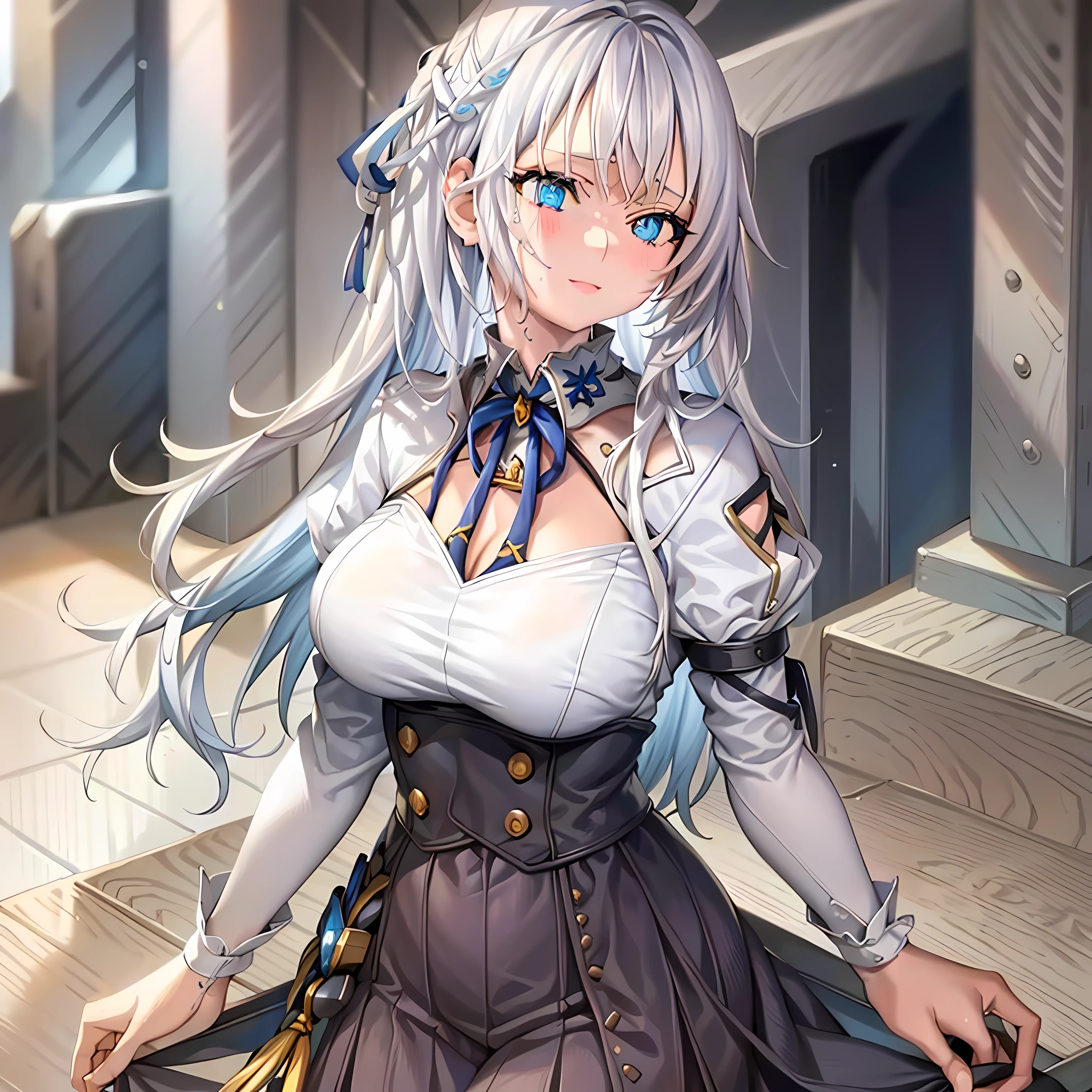 clothes reflecting light, (light diffraction on skin: 1.35), (glossy skin: 1.55), (iridescence effect: 1.55),anime, a woman with white hair and blue eyes smiling seductively is standing in a room, , process art, seductive anime girl, **** in dress, visual anime of a cute girl, girl with perfect white hair, anime moe artstyle,  fine details. Girls Frontline, From Girls Frontline, A Hyperrealistic Schoolgir, Anime Girl Wearing White Shirt with Blue Hair, Breasts, 1Girl, Neckline, Shirt, Long Hair, Blue Eyes, Drowning, Solo, White Shirt, Big Breasts, Wet, Wet Clothes, Blush, Short Sleeves, Bangs,(Masterpiece, Best Quality, Ultra-Detailed: 1.6), Illustration, (Solo, 1 Girl, Beautiful Detailed Eyes: 1.2), City, Street,Making a Heart with Your Fingers, show the chest