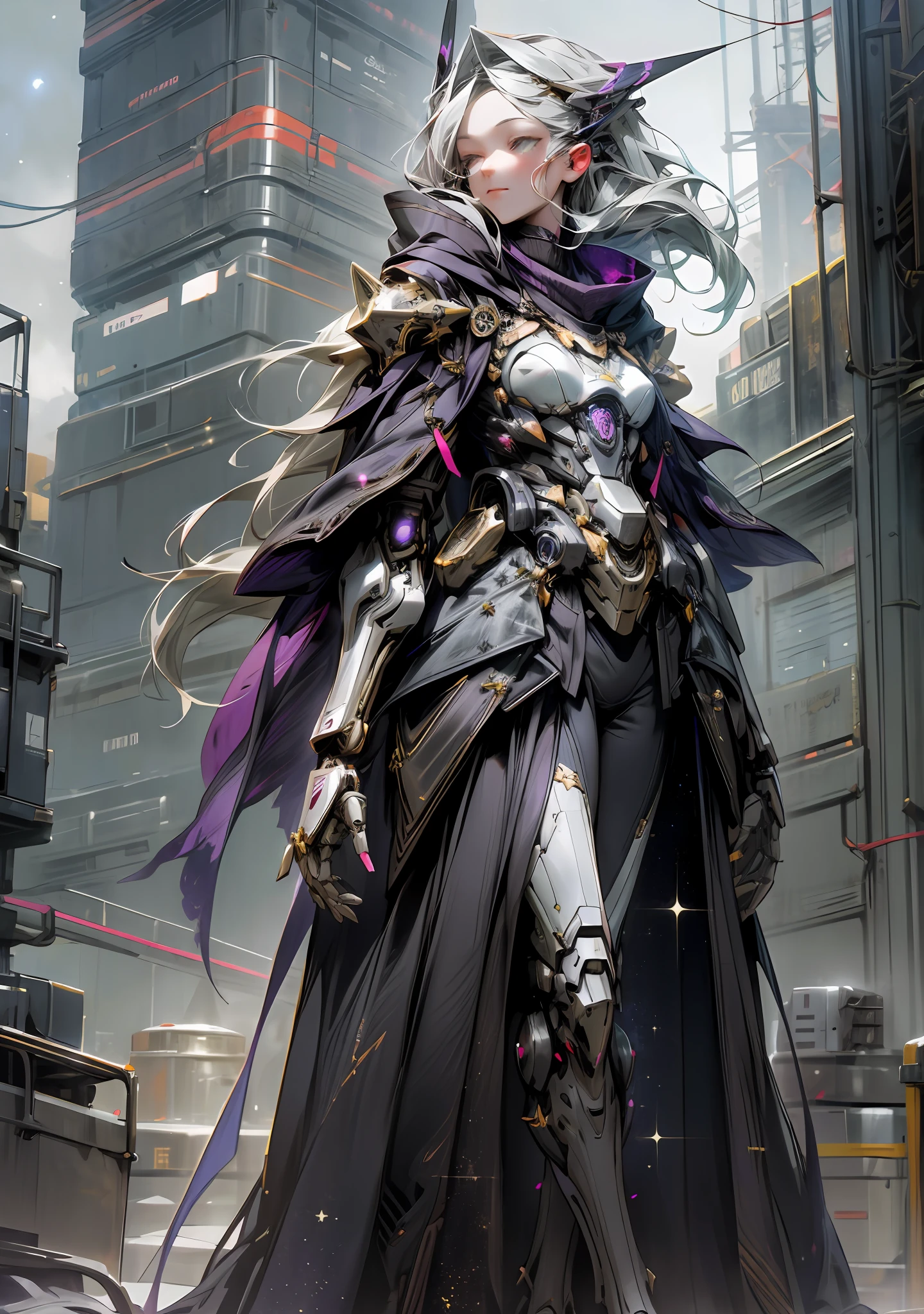 Dark_Fantasy, cyberpunk, (black purple: 1.1), 1 person, mechanical marvel, robot existence, cybernetics guardian, full body, armored dress, gray hair, long hair, shawl, starry sky, shawl, witch,