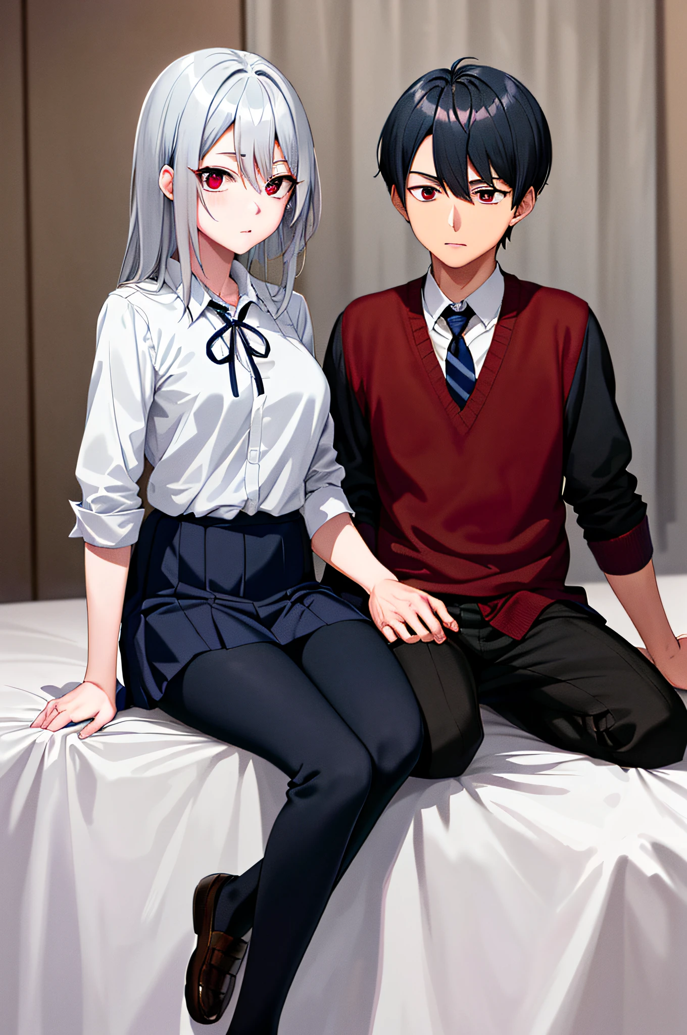 (masterpiece), (best quality), highres, ((((1girl she has gray hair with blue eyes and 1boy he has short black hair with red eyes who are classmates))))), ((((They have different hair colors and eyes do not confuse)))), (draws Kei and kiyotaka ayanokoji looking at each other), (2schoolmates who are Kei and kiyotaka ayanokoji looking at each other), (kei1), (1girl), solo, (she has blue eyes), (she has long hair), (she wears a school uniform), (she has ribbon), (she has bangs), collarbone, she has gray hair, she has black hair band, she has neck ribbon, hair between her eyes, she has medium breasts, cowboy shot, she is looking seriously at kiyotaka ayanokoji, anatomically correct whole body, is inside a school room, is sitting on a bed with her legs together, full detached scenary, (1boy), (kiyotaka ayanokoji), 15-year-old ager, school uniform white shirt black jacket open jacket red tie long black pants sitting, ((((he has red eyes)))), ((he has short black hair)), anatomically correct whole body, he has a jesus necklace around his neck, normal legs, wears black shoes, (he's looking at Kei1 or the girl), he's sitting in a chair, he's facing Kei, (full detail escenario)