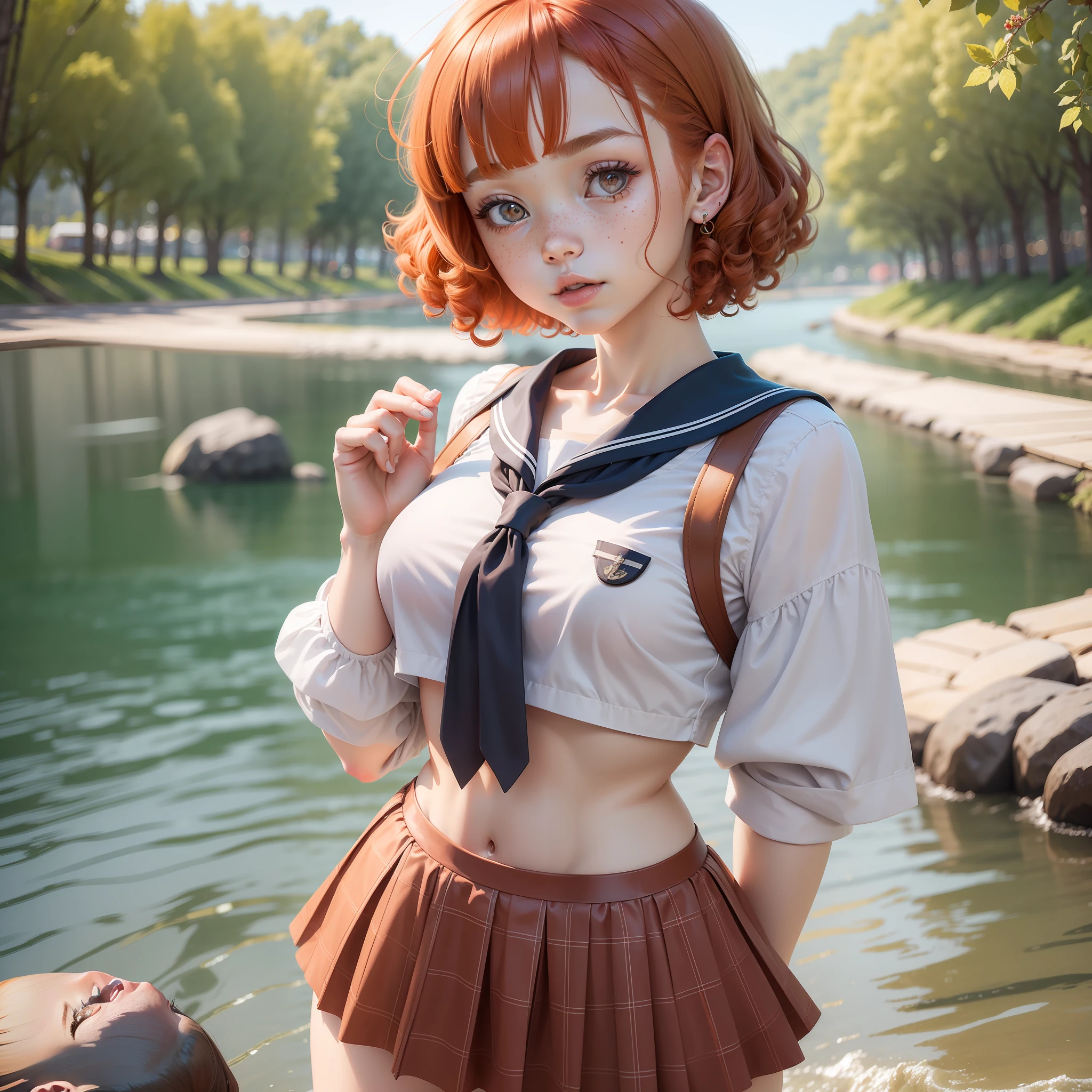 1 Beautiful Girl, Best Quality (8K),Perfect Body Line(8 Heads),Natural Redhead Perm,Short Bob Hair,Eight-headed Body,Big,Schoolgirl Sailor Suit,Face (Adult),Freckles,18 years old