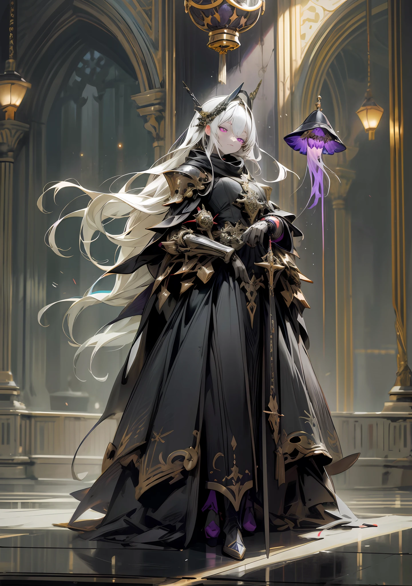 Dark_Fantasy, cyberpunk, (black purple: 1.1), 1 person, mechanical marvel, robot existence, cybernetics guardian, full body, armored dress, gray hair, long hair, mask, chinese style, shawl, black long dress, glowing eyes, purple eyes, expressionless, surrealism, drop shadow, stereogram, tachi-e, Chiaroscuro, 8k, super detail, ccurate, best quality, black dress, shawl, mechanical doll, black boots, standing in dark church, composition, proportions, foreground, medium scene, background, perspective, light, color, texture, detail, beauty, wonder. Quiet and eerie, high details, super detail, single, armored dress, dark fantacy, UHD, masterpiece, best quality, royal sister, stained glass, pretty detailed eyes, jellyfish, hand armor