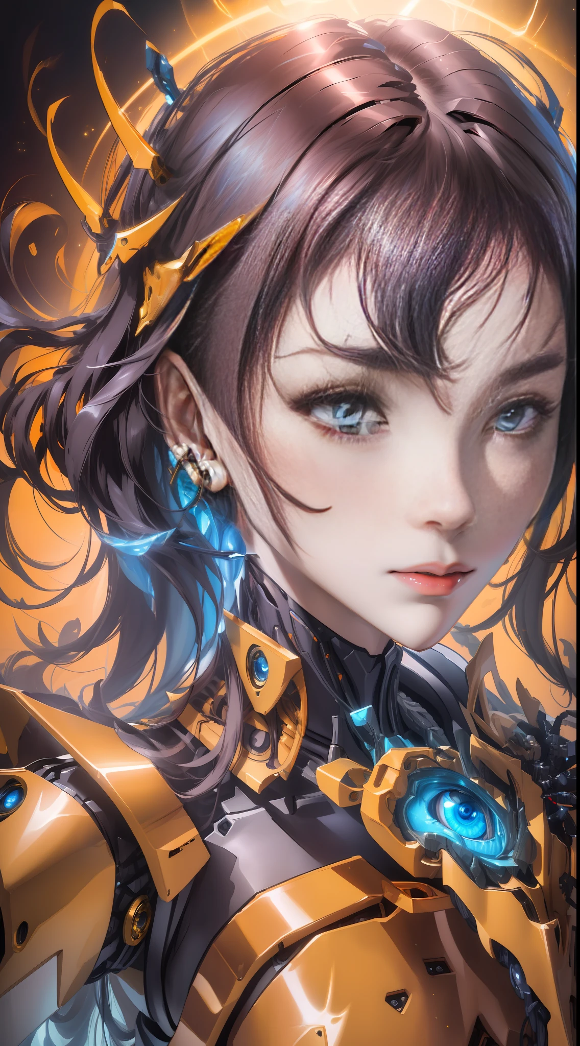 "An ultra-detailed portrait of a (golden mech warrior woman:1.4) in full gear, emphasizing on ((eye:1.2) details, namely neon blue irises with tech lines reflected), showing a pair of meticulously designed (mech hands:1.5) clenched, showcasing her athletic (figure:1.3) with layered gold armor in focus. Close-up view of feminine face features with light battle scars under the eyes where amber skin peeks through, captured in the light of a setting sun."