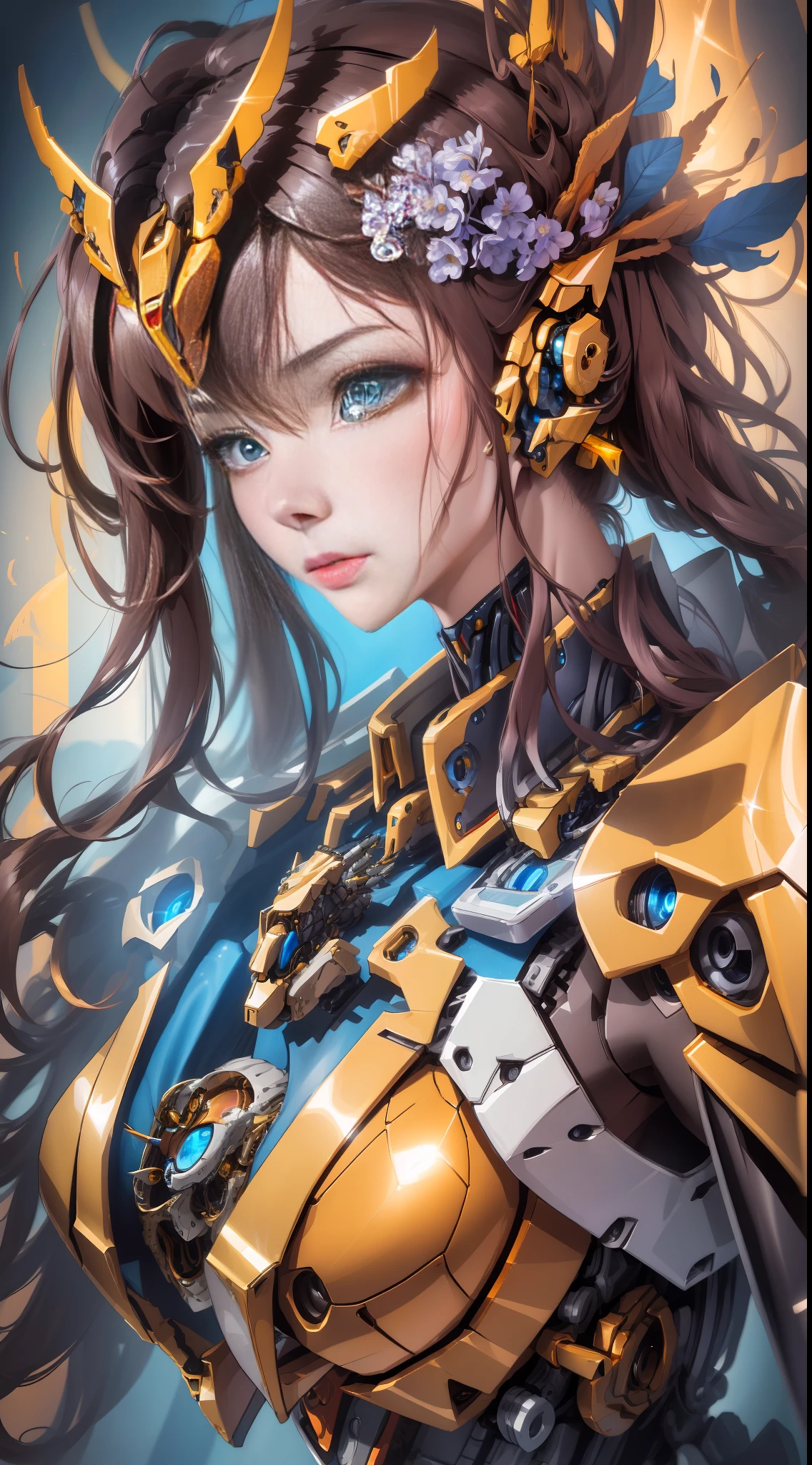 "An ultra-detailed portrait of a (golden mech warrior woman:1.4) in full gear, emphasizing on ((eye:1.2) details, namely neon blue irises with tech lines reflected), showing a pair of meticulously designed (mech hands:1.5) clenched, showcasing her athletic (figure:1.3) with layered gold armor in focus. Close-up view of feminine face features with light battle scars under the eyes where amber skin peeks through, captured in the light of a setting sun."