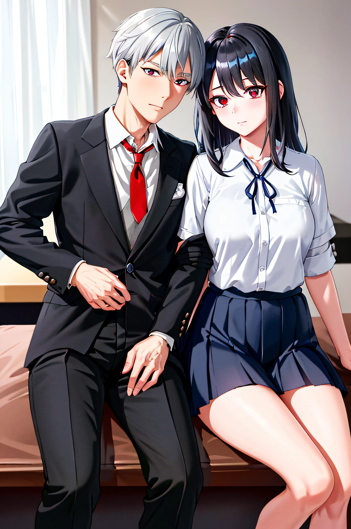 (masterpiece), (best quality), highres, ((((1girl she has gray hair with blue eyes and 1boy he has short black hair with red eyes who are classmates))))), ((((They have different hair colors and eyes do not confuse)))), (draws Kei and kiyotaka ayanokoji looking at each other), (2schoolmates who are Kei and kiyotaka ayanokoji looking at each other),  (kei1), (1girl), solo, (she has blue eyes), (she has long hair), (she wears a school uniform), (she has ribbon), (she has bangs), collarbone, she has gray hair, she has black hair band, she has neck ribbon, hair between her eyes, she has medium breasts, cowboy shot, she is looking seriously at kiyotaka ayanokoji,  anatomically correct whole body, is inside a school room, is sitting on a bed with her legs together, full detached scenary, (1boy), (kiyotaka ayanokoji), 15-year-old teenager, school uniform white shirt black jacket open jacket red tie long black pants sitting, ((((he has red eyes)))), ((he has short black hair)), anatomically correct whole body,  he has a jesus necklace around his neck, normal legs, wears black shoes, (he's looking at Kei1 or the girl), he's sitting in a chair, he's facing Kei, (full detail escenario)