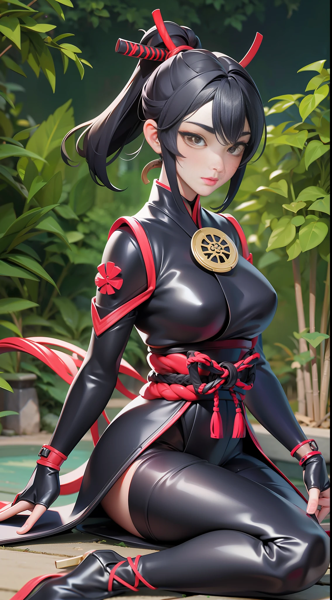 full body picture Unreal Engine 5 8K UHD of beautiful female, Japanese female samurai, samurai armor with bodysuit underwear, Japanese demon mask, Japanese short hair style, sitting in the garden, beautiful make up, best quality, masterpiece