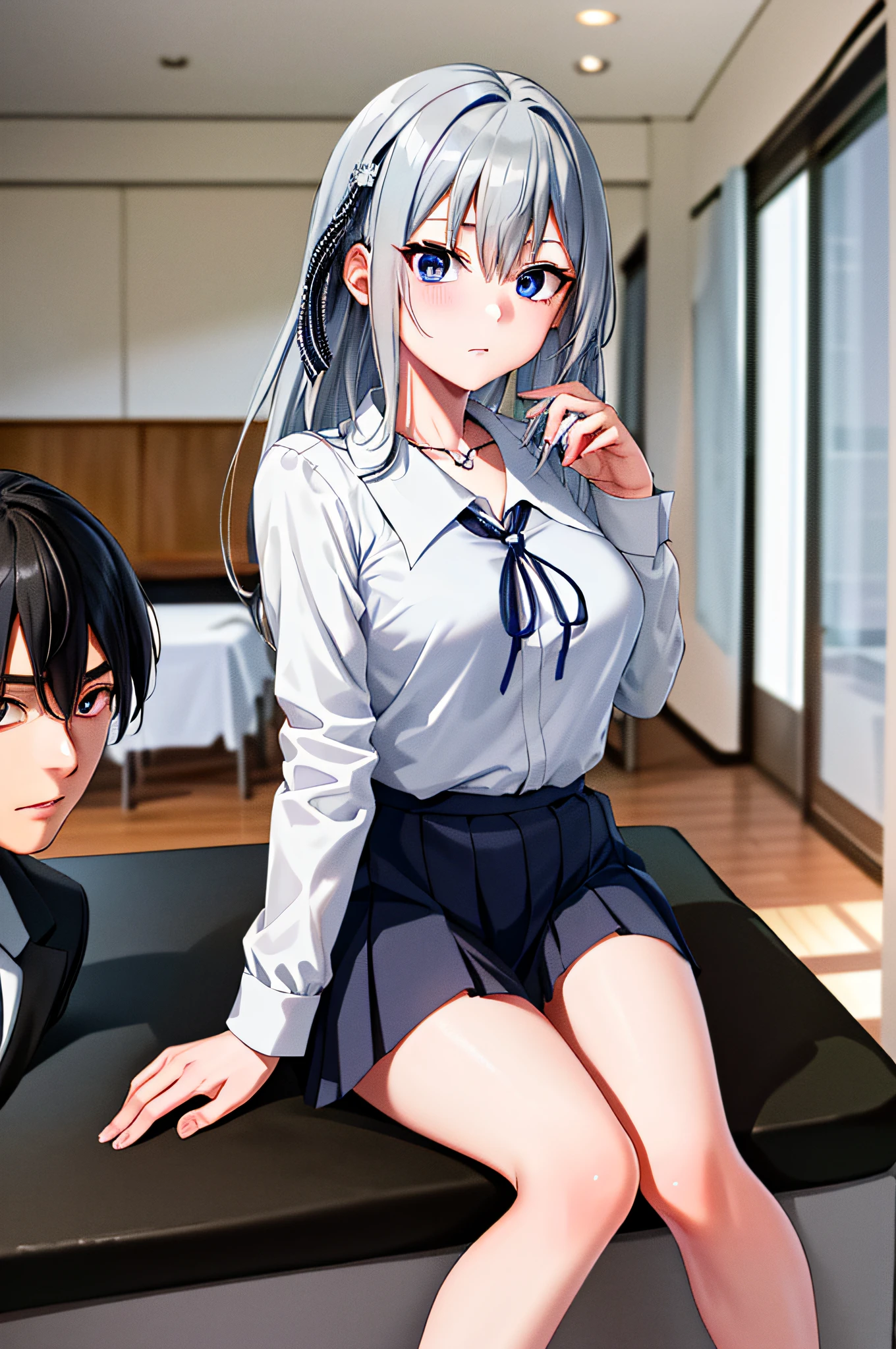 (masterpiece), (best quality), highres, ((((1girl she has gray hair with blue eyes and 1boy he has short black hair with red eyes who are classmates))))), ((((They have different hair colors and eyes do not confuse)))), (draws Kei and kiyotaka ayanokoji looking at each other), (2schoolmates who are Kei and kiyotaka ayanokoji looking at each other),  (kei1), (1girl), solo, (she has blue eyes), (she has long hair), (she wears a school uniform), (she has ribbon), (she has bangs), collarbone, she has gray hair, she has black hair band, she has neck ribbon, hair between her eyes, she has medium breasts, cowboy shot, she is looking seriously at kiyotaka ayanokoji,  anatomically correct whole body, is inside a school room, is sitting on a bed with her legs together, full detached scenary, (1boy), (kiyotaka ayanokoji), 15 year old teenager, school uniform white shirt black jacket open jacket red tie long black pants sitting, ((he has red eyes)), he has short black hair, whole body anatomically correct,  he has a jesus necklace around his neck, normal legs, wears black shoes, (he's looking at Kei1 or the girl), he's sitting in a chair, he's facing Kei, (full detail escenario)