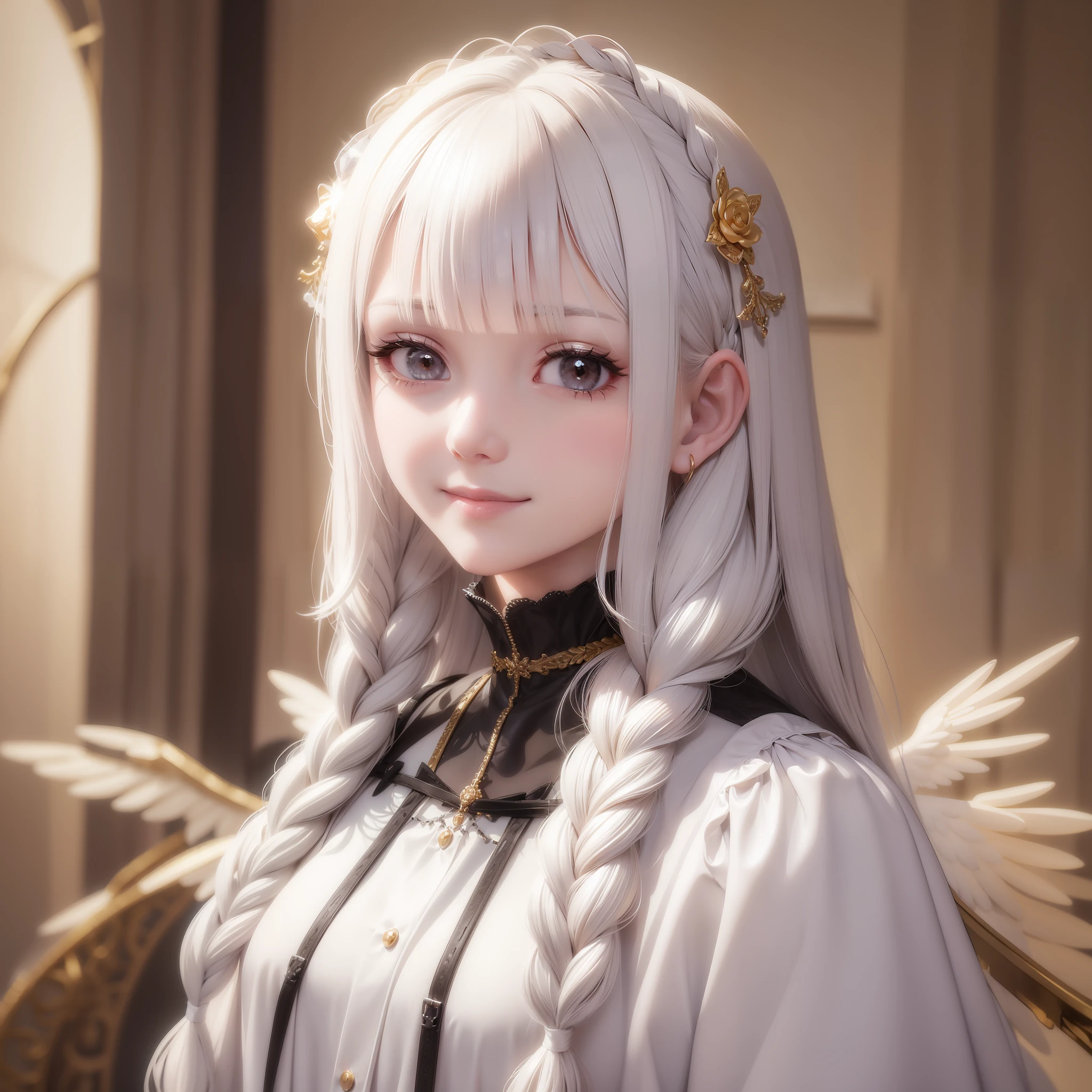 White hair and golden eyes, angelic face, shining side braids, gothic white clothes, tilted head and smile
