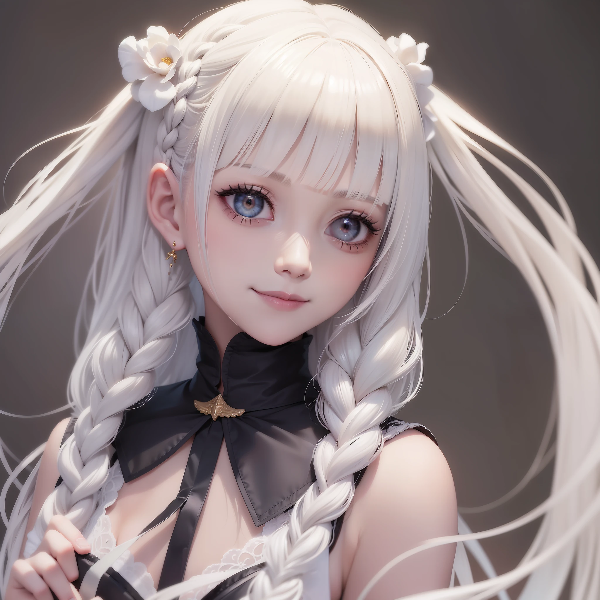 White hair and golden eyes, angelic face, shining side braids, gothic white clothes, tilted head and smile
