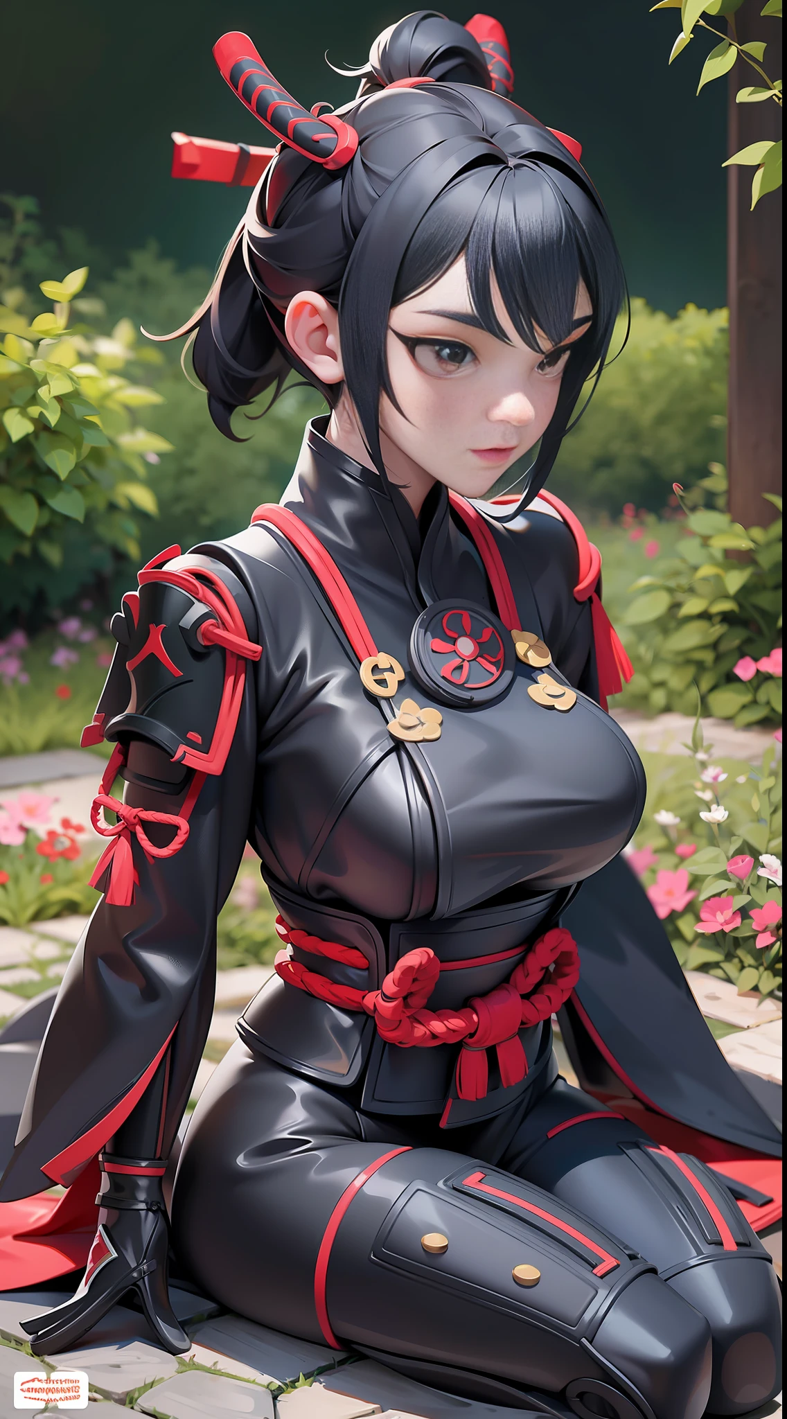 full body picture Unreal Engine 5 8K UHD of beautiful female, Japanese female samurai, samurai armor with bodysuit underwear, Japanese demon mask, Japanese short hair style, sitting in the garden, beautiful make up, best quality, masterpiece