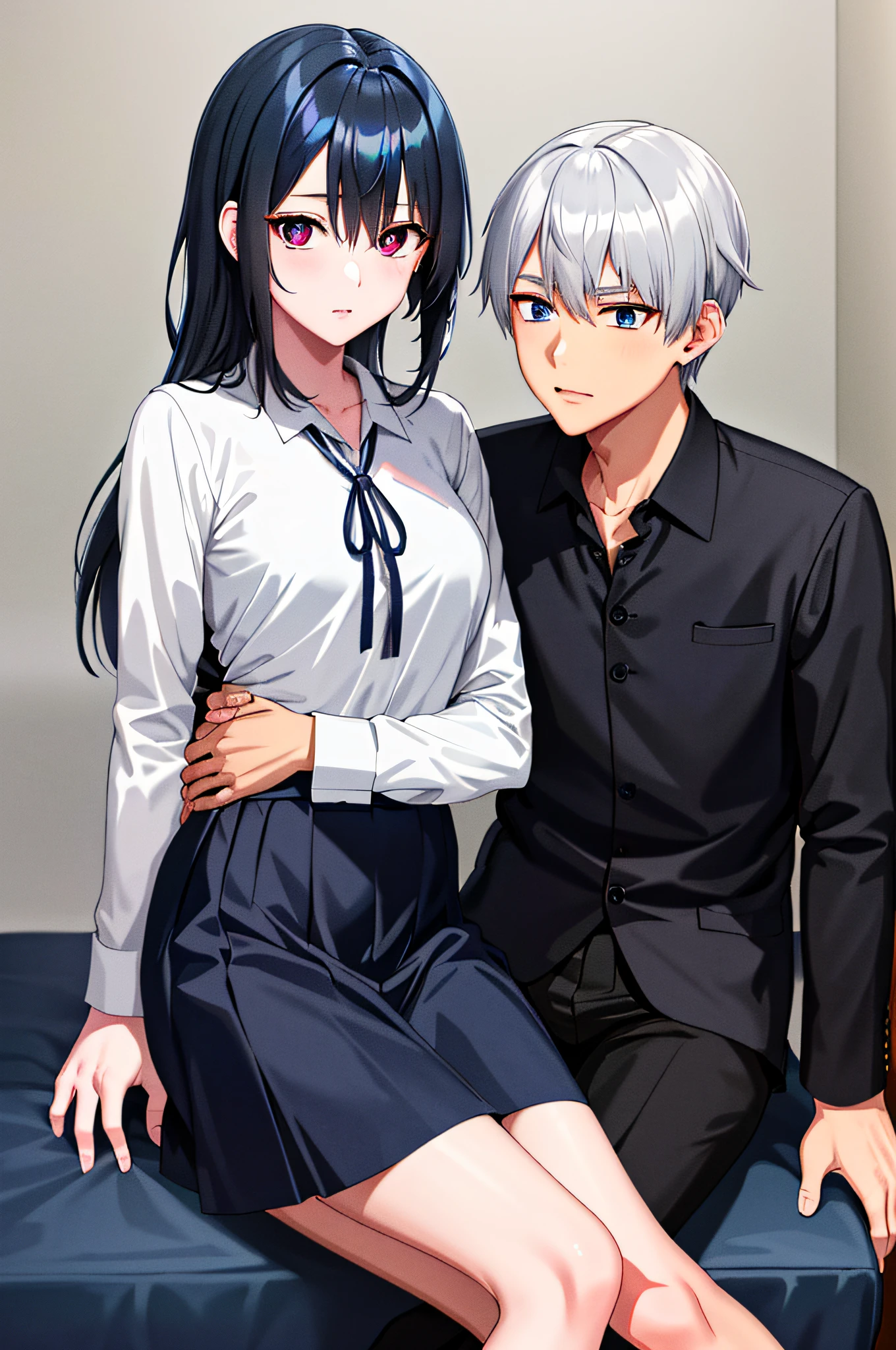 (masterpiece), (best quality), highres, ((((1girl she has gray hair with blue eyes and 1boy he has short black hair with red eyes who are classmates))))), ((((They have different hair colors and eyes do not confuse)))), (draws Kei and kiyotaka ayanokoji looking at each other), (2schoolmates who are Kei and kiyotaka ayanokoji looking at each other),  (kei1), (1girl), solo, (she has blue eyes), (she has long hair), (she wears a school uniform), (she has ribbon), (she has bangs), collarbone, she has gray hair, she has black hair band, she has neck ribbon, hair between her eyes, she has medium breasts, cowboy shot, she is looking seriously at kiyotaka ayanokoji,  anatomically correct whole body, is inside a school room, is sitting on a bed with her legs together, full detached scenary, (1boy), (kiyotaka ayanokoji), 15 year old ager, school uniform white shirt black jacket open jacket red tie long black pants sitting, ((he has red eyes)), he has short black hair, whole body anatomically correct,  he has a jesus necklace around his neck, normal legs, wears black shoes, (he's looking at Kei1 or the girl), he's sitting in a chair, he's facing Kei, (full detail escenario)