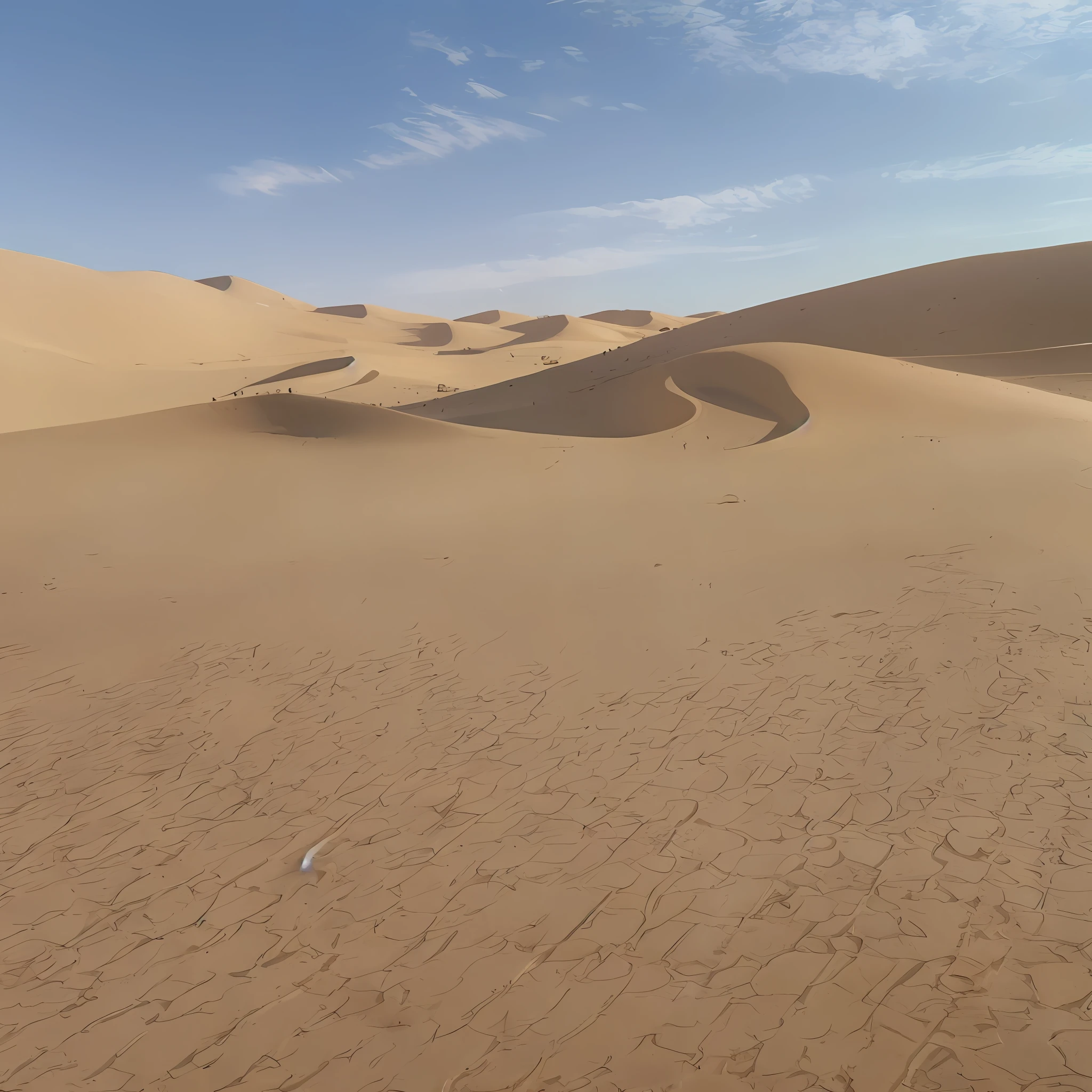 Sand dunes, golden luster, Arab caravanserai, Silk Road, rolling sand dunes, camels, oriental Tang spices, hot summer, shimmering fluorescence, sunlight sprinkled on the desert, blue sky and white clouds, large deserts, sprinkled with sunlight in the distance. --auto --s2