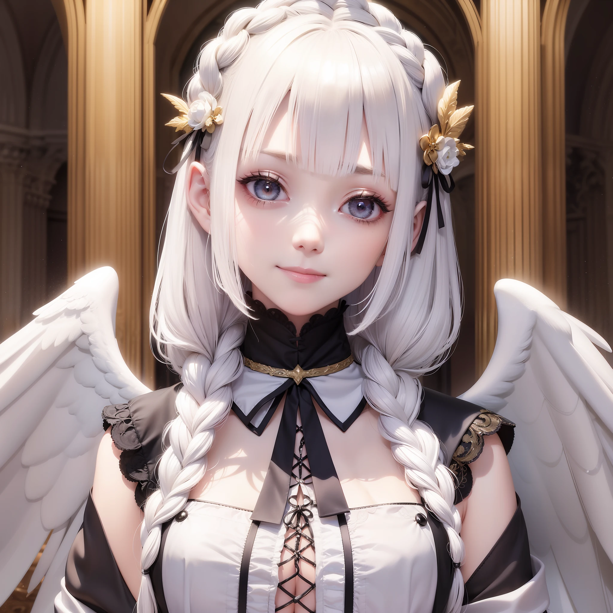 White hair and golden eyes, angelic face, shining side braids, gothic white clothes, tilted head and smile