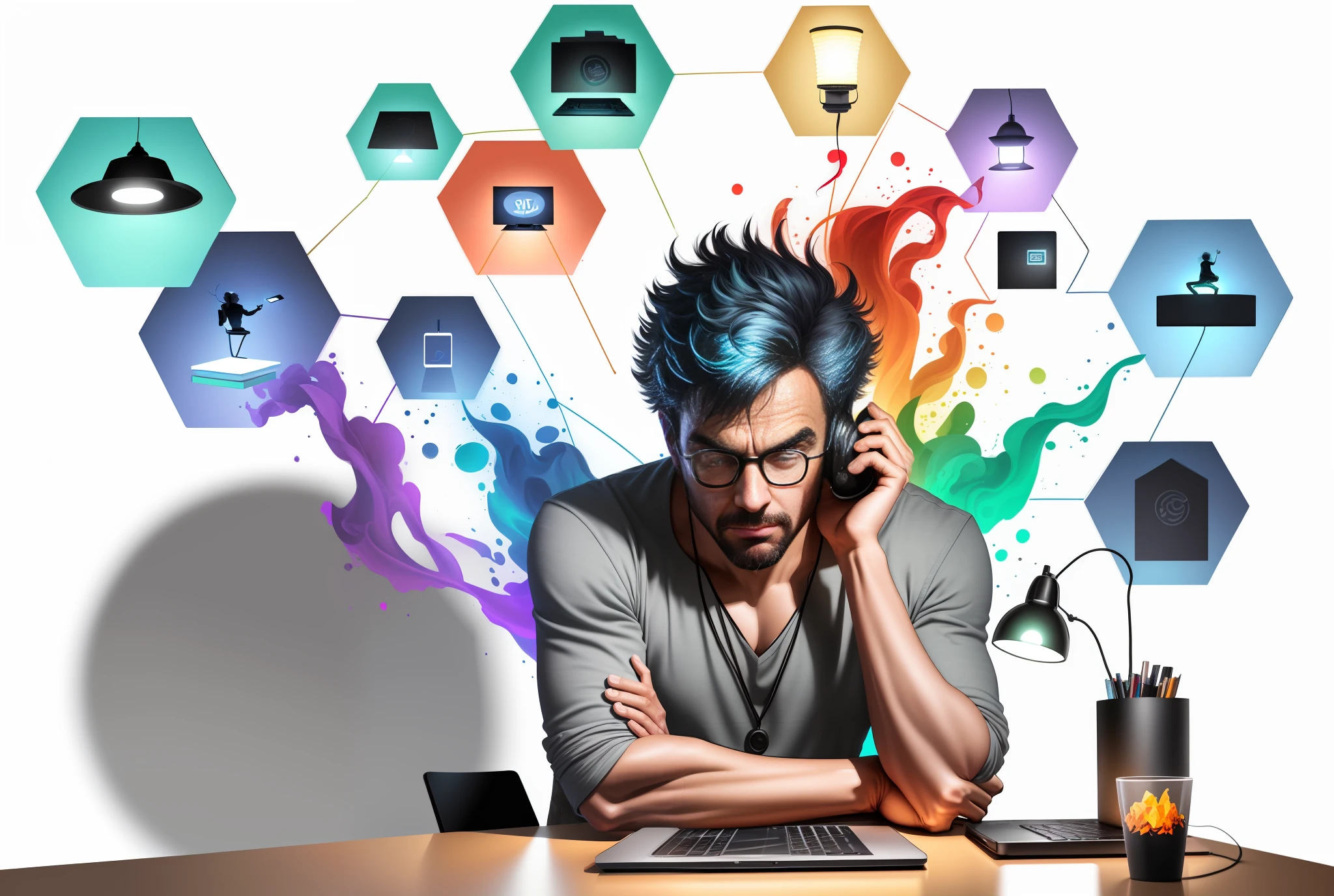 man sitting at a desk with a laptop and a lamp, ad image, integrating with technology, impressive, vibrant and powerful image, insanely integrated, vibrant and dynamic, on a dark background, exploitable image, insanely integrate details, advertising photo, portrait shot, promotional image, focused center, avatar for website, professional, big view, take control of your data