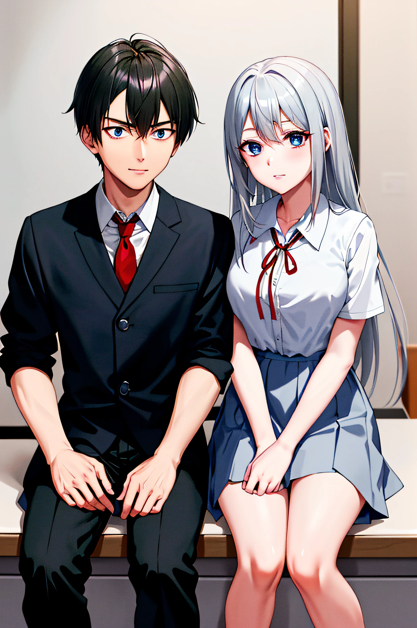 (masterpiece), (best quality), highres, ((((1girl she has gray hair with blue eyes and 1boy he has short black hair with red eyes who are classmates))))), ((((They have different hair colors and eyes do not confuse)))), (draws Kei and kiyotaka ayanokoji looking at each other), (2schoolmates who are Kei and kiyotaka ayanokoji looking at each other),  (kei1), (1girl), solo, (she has blue eyes), (she has long hair), (she wears a school uniform), (she has ribbon), (she has bangs), collarbone, she has gray hair, she has black hair band, she has neck ribbon, hair between her eyes, she has medium breasts, cowboy shot, she is looking seriously at kiyotaka ayanokoji,  anatomically correct whole body, is inside a school room, is sitting on a bed with her legs together, full detallado scenary, (1boy), (kiyotaka ayanokoji), 15 year old teenager, school uniform white shirt black jacket open jacket red tie long black pants sitting, he has red eyes, he has short black hair, whole body anatomically correct,  he has a jesus necklace around his neck, normal legs, wears black shoes, (he's looking at Kei1 or the girl), he's sitting in a chair, he's facing Kei, (full detail escenario)