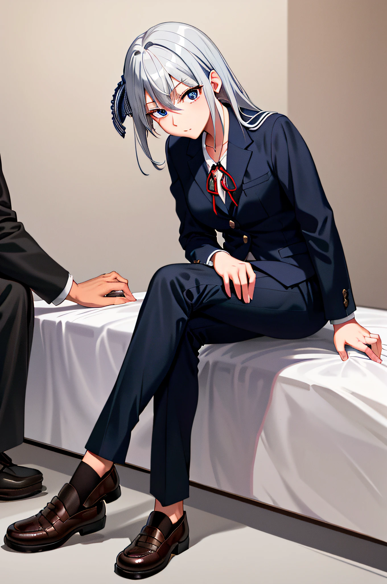 (masterpiece), (best quality), highres, ((((1girl she has gray hair with blue eyes and 1boy he has short black hair with red eyes who are classmates))))), ((((They have different hair colors and eyes do not confuse)))), (draws Kei and kiyotaka ayanokoji looking at each other), (2schoolmates who are Kei and kiyotaka ayanokoji looking at each other), (kei1), (1girl), solo, (she has blue eyes), (she has long hair), (she wears a school uniform), (she has ribbon), (she has bangs), collarbone, she has gray hair, she has black hair band, she has neck ribbon, hair between her eyes, she has medium breasts, cowboy shot, she is looking seriously at kiyotaka ayanokoji, anatomically correct whole body, is inside a school room, is sitting on a bed with her legs together, full detallado scenary, (1boy), (kiyotaka ayanokoji), 15 year old teenager, school uniform white shirt black jacket open jacket red tie long black pants sitting, he has red eyes, he has short black hair, whole body anatomically correct, he has a jesus necklace around his neck, normal legs, wears black shoes, (he's looking at Kei1 or the girl), he's sitting in a chair, he's facing Kei, (full detail escenario)