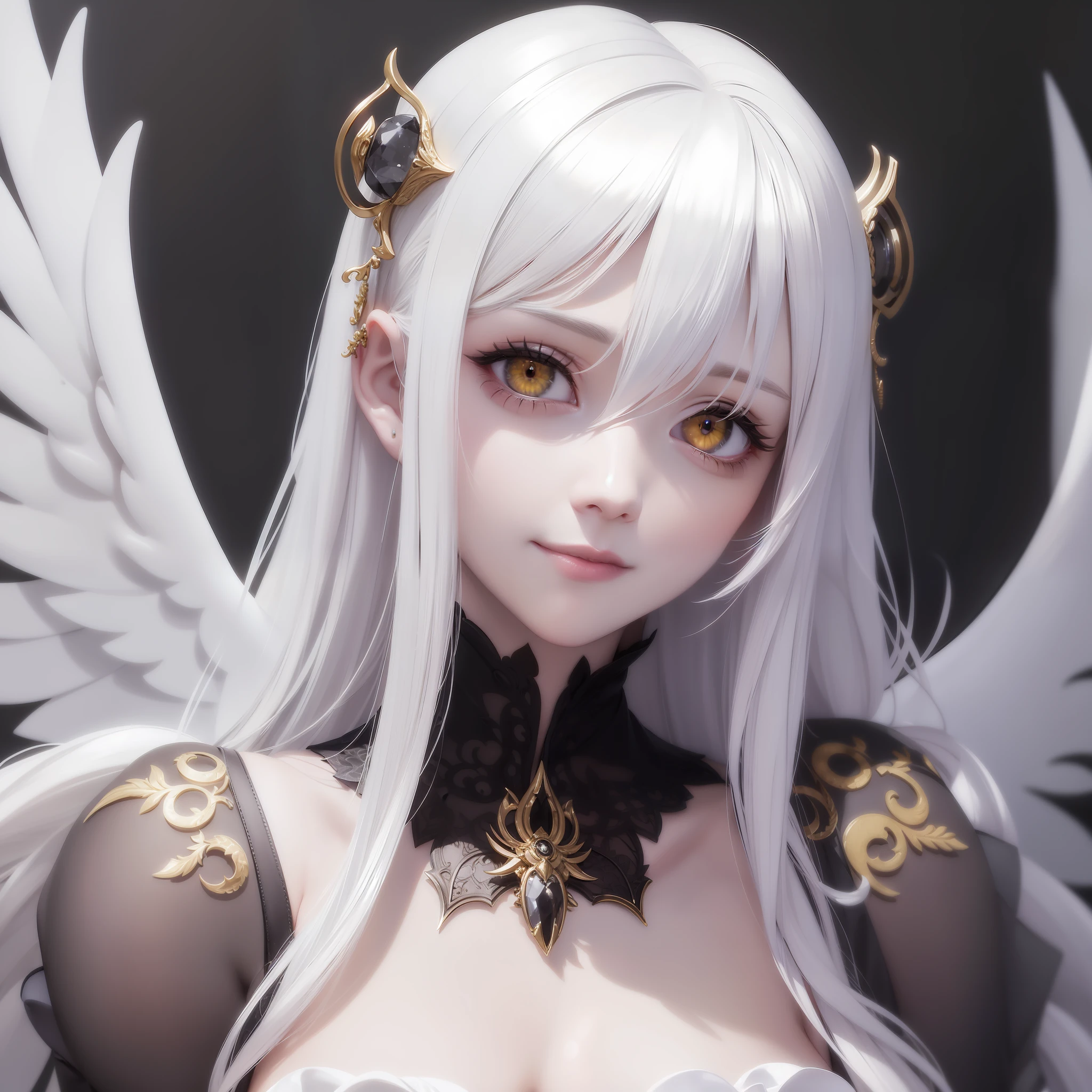 White hair and golden eyes, angelic face, glowing side, gothic white clothes, tilted head and smile