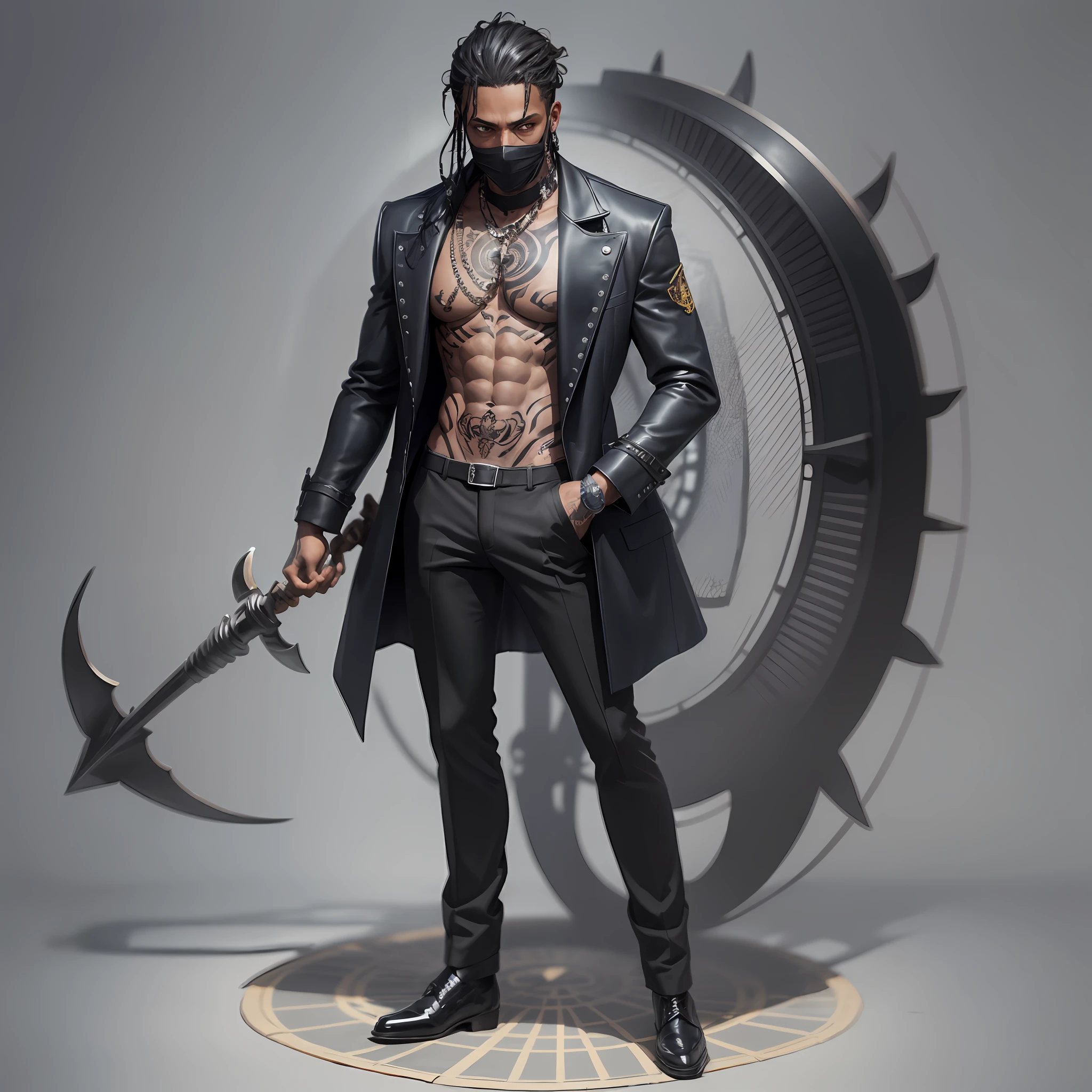 Brown skinned man, black hair with black mask, a black jacket and a navy blue overcoat with tattoos, black pants and boots with locks on the sole and a harpoon spear --auto --s2