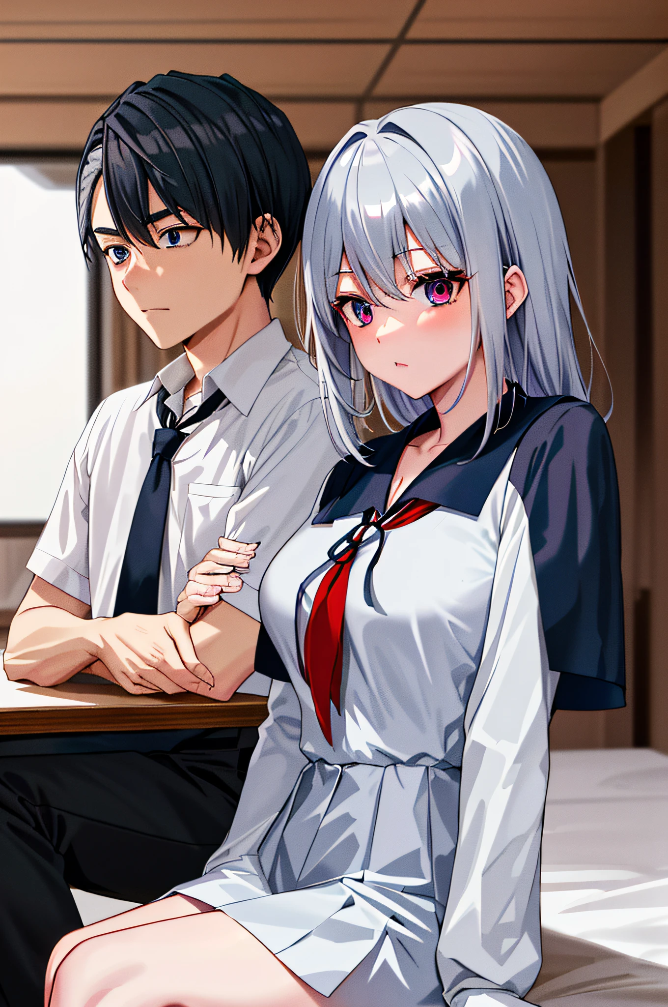 (masterpiece), (best quality), highres, ((((1girl she has gray hair with blue eyes and 1boy he has short black hair with red eyes who are classmates))))), ((((They have different hair colors and eyes do not confuse)))), (draws Kei and kiyotaka ayanokoji looking at each other), (2schoolmates who are Kei and kiyotaka ayanokoji looking at each other),  (kei1), (1girl), solo, she has blue eyes, she has long hair, (she wears a school uniform), she has ribbon, she has bangs, collarbone, she has gray hair, she has black hair band, she has neck ribbon, hair between her eyes, she has medium breasts, cowboy shot, she is looking seriously at kiyotaka ayanokoji,  anatomically correct whole body, is inside a school room, is sitting on a bed with her legs together, full detallado scenary, (1boy), (kiyotaka ayanokoji),  teenager, school uniform white shirt black jacket open jacket red tie long black pants sitting, he has red eyes, he has short black hair, whole body anatomically correct,  he has a jesus necklace around his neck, normal legs, wears black shoes, (he's looking at Kei1 or the girl), he's sitting in a chair, he's facing Kei, (full detail escenario)