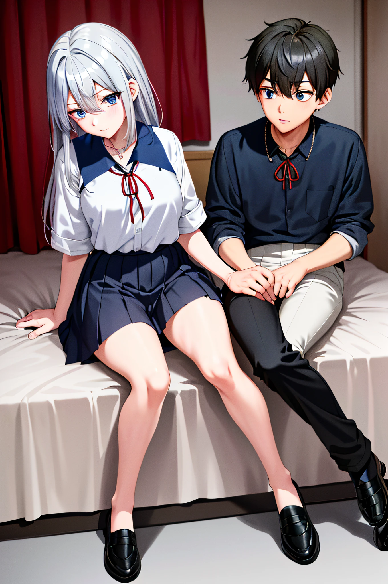 (masterpiece), (best quality), highres, ((((1girl she has gray hair with blue eyes and 1boy he has short black hair with red eyes who are classmates))))), (draws Kei and kiyotaka ayanokoji looking at each other), (2schoolmates who are Kei and kiyotaka ayanokoji looking at each other), (kei1), (1girl), solo, she has blue eyes,  she has long hair, (she wears a school uniform), she has ribbon, she has bangs, collarbone, she has gray hair, she has black hair band, she has neck ribbon, hair between her eyes, she has medium breasts, cowboy shot, she is looking seriously at kiyotaka ayanokoji, anatomically correct whole body, is inside a school room,  is sitting on a bed with her legs together, full decluded scenary, (1boy), (kiyotaka ayanokoji),  teenager, school uniform white shirt black jacket open jacket red tie long black pants sitting, he has red eyes, he has short black hair, anatomically correct whole body, he has a jesus necklace around his neck,  Normal legs, wears black shoes, (he's looking at Kei1 or the girl), he's sitting in a chair, he's facing Kei, (full detail escenario)