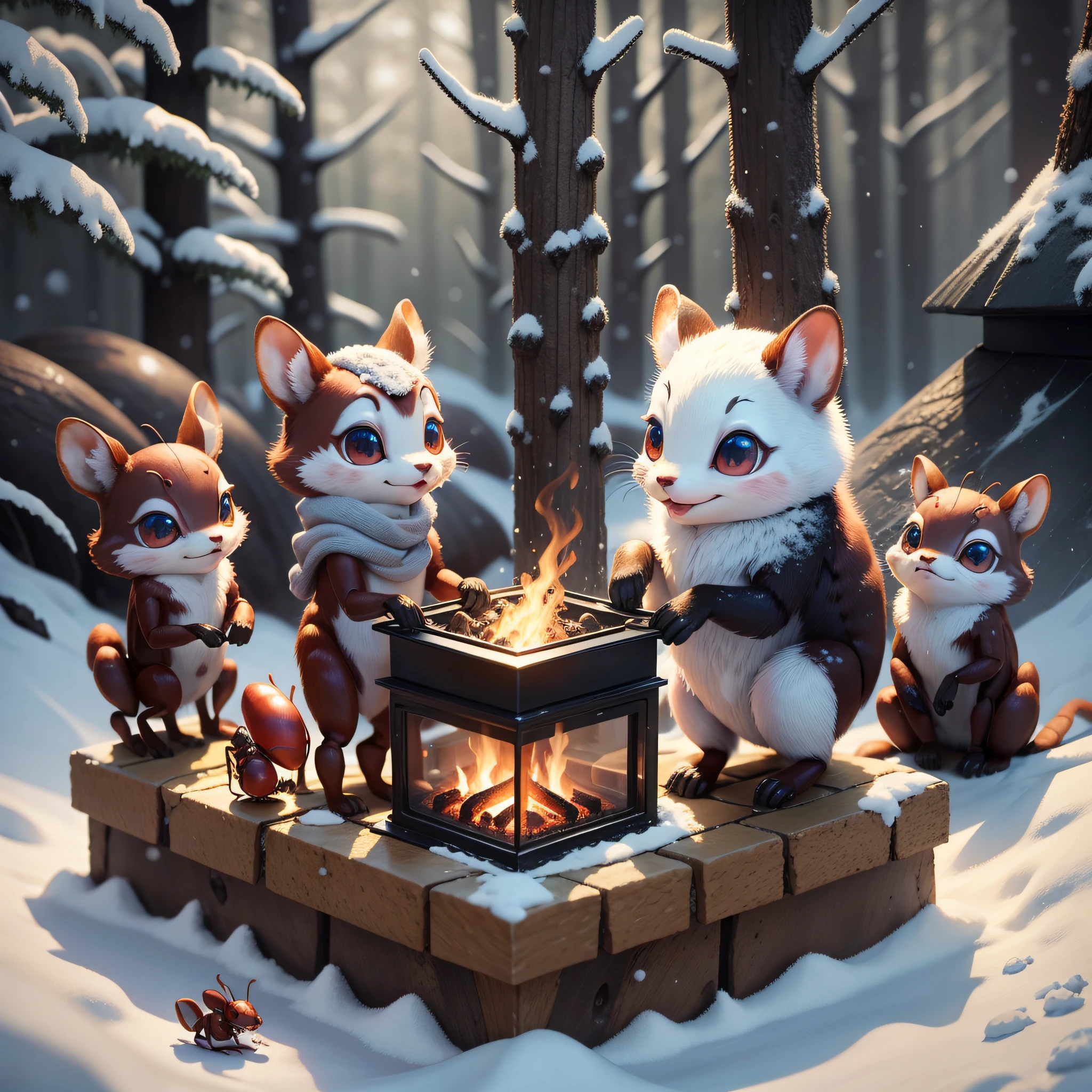 animal ants, cold, next to the fireplace, singing, enchanted world, forest --auto --s2