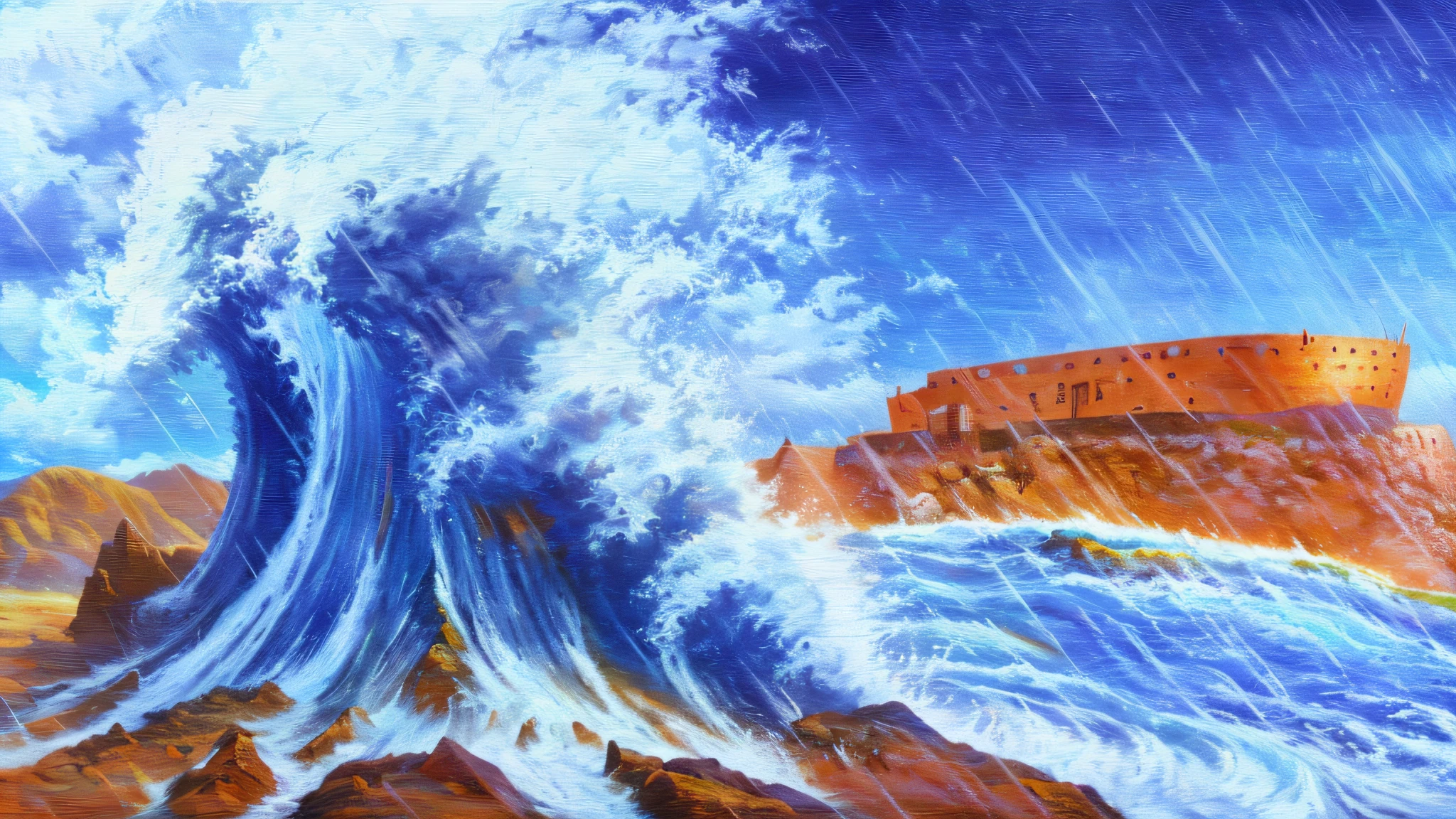 Photo Raw, (realistic), (masterpiece), (best quality), waters, rain, Noah's ark on the hill in the background, [(high details)], epic biblical representation, 8k, UHD, cinematic lighting, --s2