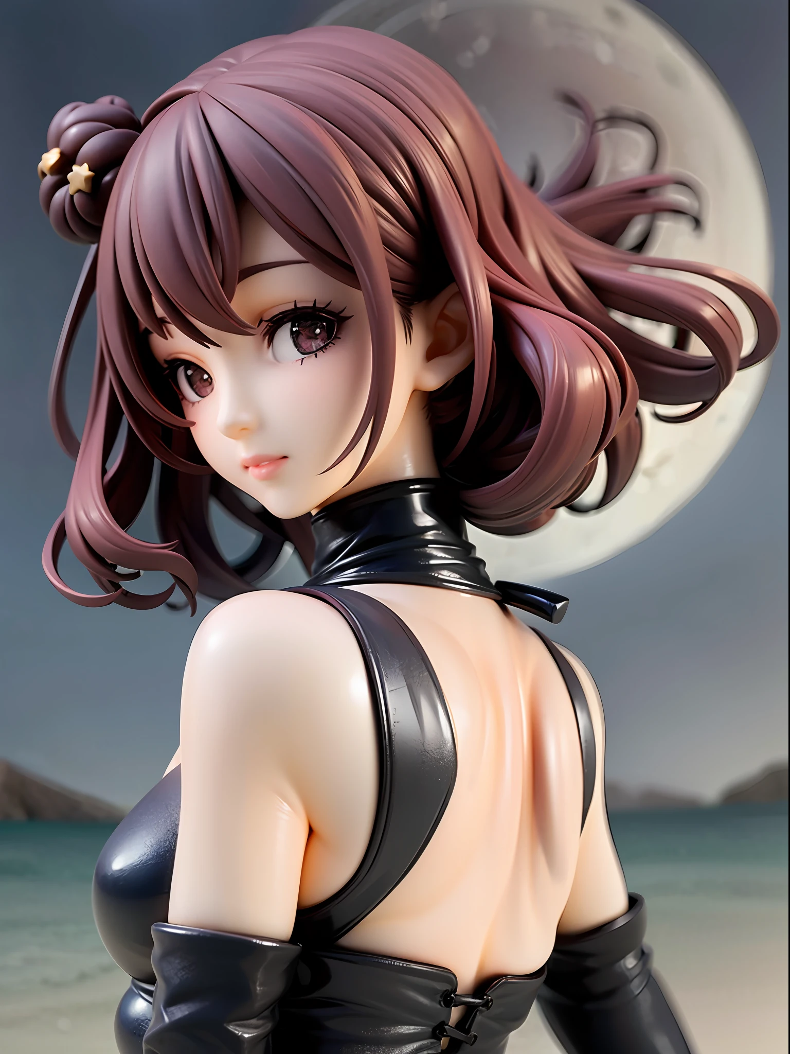 Girl, upper body, black dress, blue hibiscus ornament on head,night beach, full moon night, starry sky, shooting star, beautiful moon