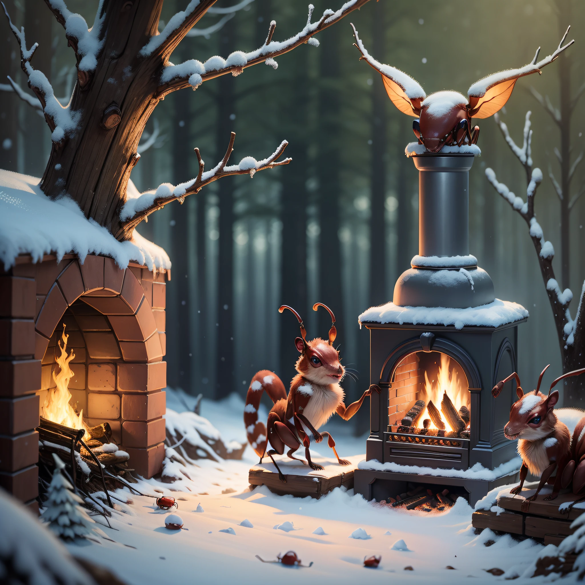 animal ants, cold, next to the fireplace, singing, enchanted world, forest --auto --s2