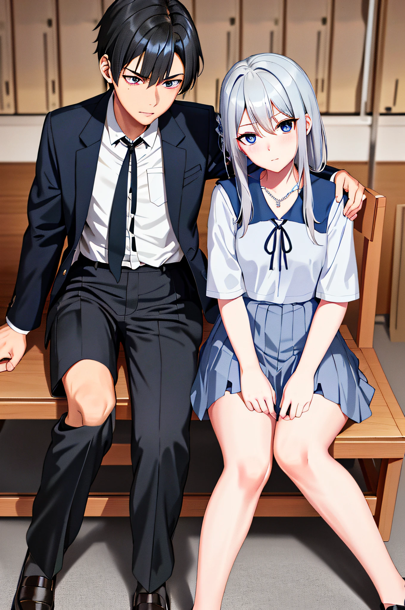 (masterpiece), (best quality), highres, ((((1girl she has gray hair with blue eyes and 1boy he has short black hair with red eyes who are classmates))))), (draws Kei and kiyotaka ayanokoji looking at each other), (2schoolmates who are Kei and kiyotaka ayanokoji looking at each other), (kei1), (1girl), solo, she has blue eyes,  she has long hair, (she wears a school uniform), she has ribbon, she has bangs, collarbone, she has gray hair, she has black hair band, she has neck ribbon, hair between her eyes, she has medium breasts, cowboy shot, she is looking seriously at kiyotaka ayanokoji, anatomically correct whole body, is inside a school room,  is sitting on a bed with her legs together, full decluded scenary, (1boy), (kiyotaka ayanokoji), 15 year old teenager, school uniform white shirt black jacket open jacket red tie long black pants sitting, he has red eyes, he has short black hair, anatomically correct whole body, he has a jesus necklace around his neck,  Normal legs, wears black shoes, (he's looking at Kei1 or the girl), he's sitting in a chair, he's facing Kei, (full detail escenario)