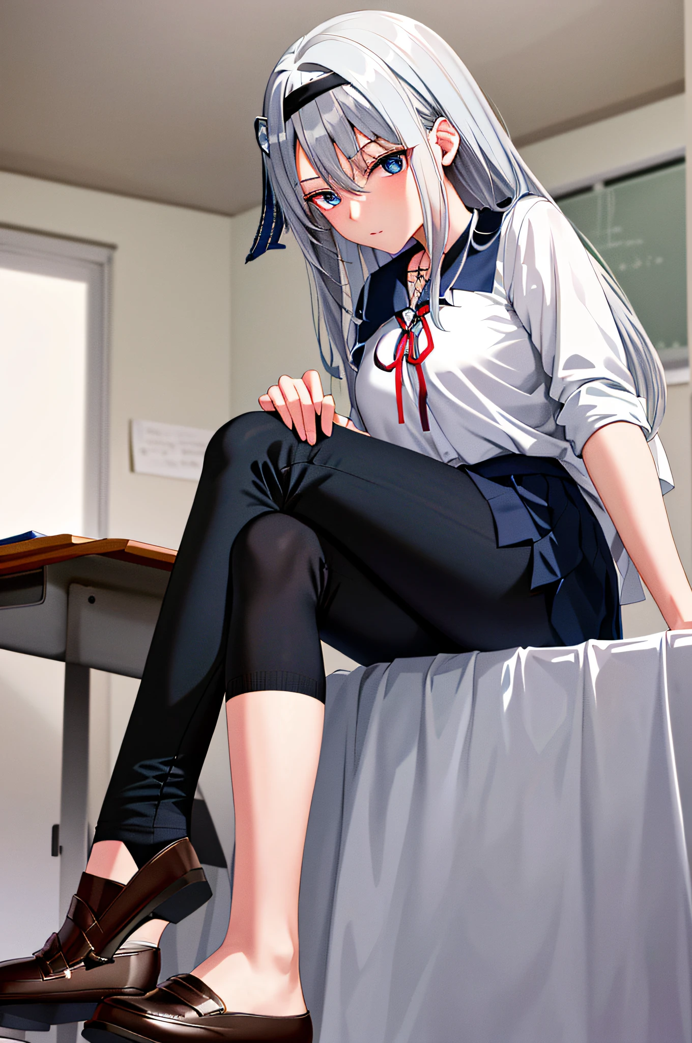 (masterpiece), (best quality), highres, ((((1girl she has gray hair with blue eyes and 1boy he has short black hair with red eyes who are classmates))))), (draws Kei and kiyotaka ayanokoji looking at each other), (2schoolmates who are Kei and kiyotaka ayanokoji looking at each other), (kei1), (1girl), solo, she has blue eyes, she has long hair, (she wears a school uniform), she has ribbon, she has bangs, collarbone, she has gray hair, she has black hair band, she has neck ribbon, hair between her eyes, she has medium breasts, cowboy shot, she is looking seriously at kiyotaka ayanokoji, anatomically correct whole body, is inside a school room, is sitting on a bed with her legs together, full decluded scenary, (1boy), (kiyotaka ayanokoji), teenager, school uniform white shirt black jacket open jacket red tie long black pants sitting, he has red eyes, he has short black hair, anatomically correct whole body, he has a jesus necklace around his neck, Normal legs, wears black shoes, (he's looking at Kei1 or the girl), he's sitting in a chair, he's facing Kei, (full detail escenario)
