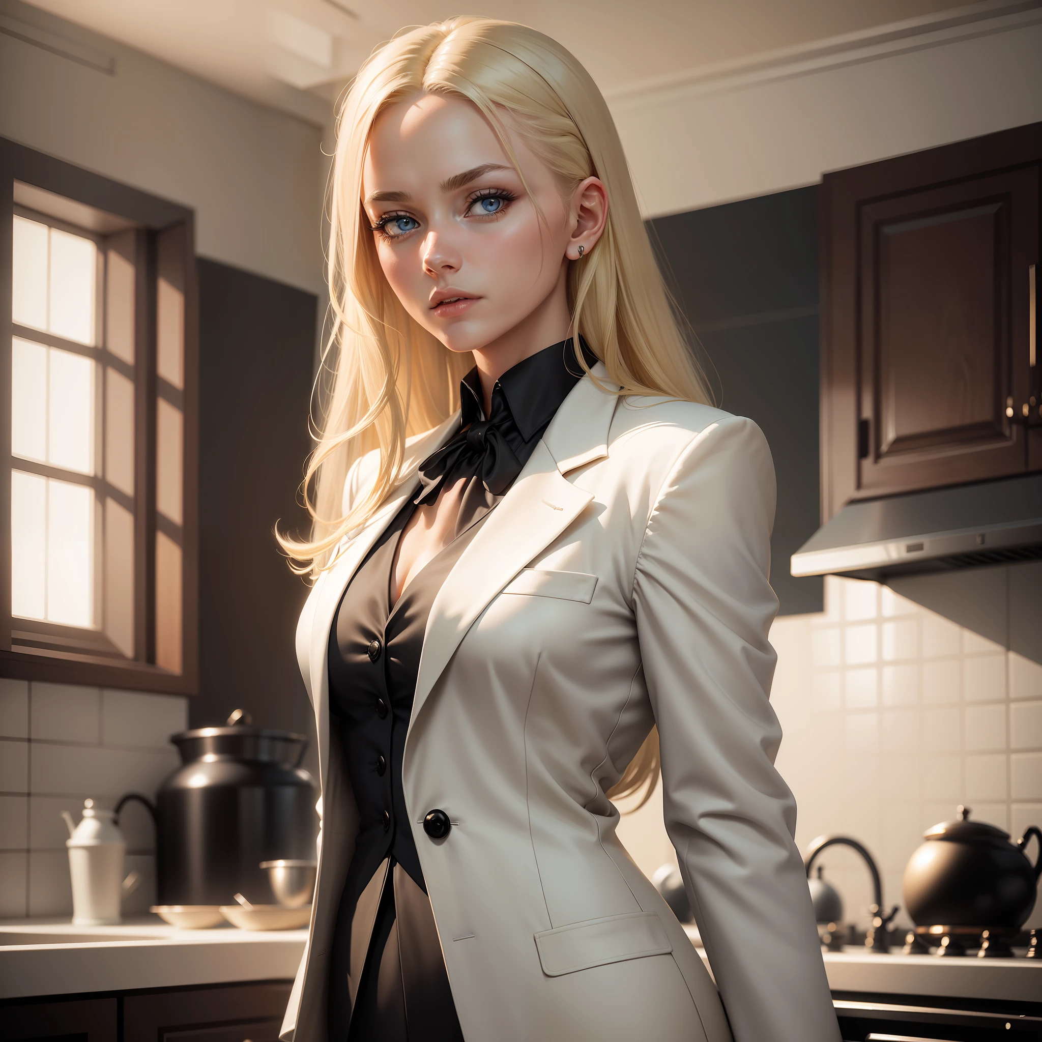 Ultra realistic image of a beautiful blonde woman, light eyes, dressed in a formal ensemble with a white blazer with black details, standing in a kitchen in the morning, staring at a smooth, black sphere on the countertop, frightened expression