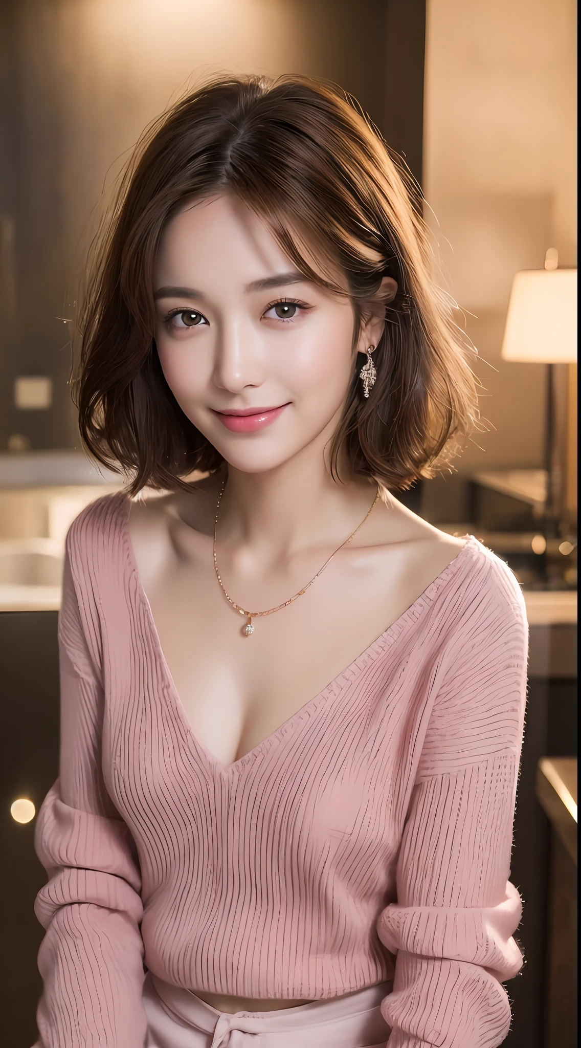 ((Night, Realistic Light, Best Quality, 8K, Masterpiece: 1.3)), 1girl, Slim Beauty: 1.4, Abs: 1.1, (Brown hair, Medium breasts: 1.3), Long pink sweater: 1.1, Bathroom, Super fine face, Delicate eyes, Double eyelids, smile, necklace