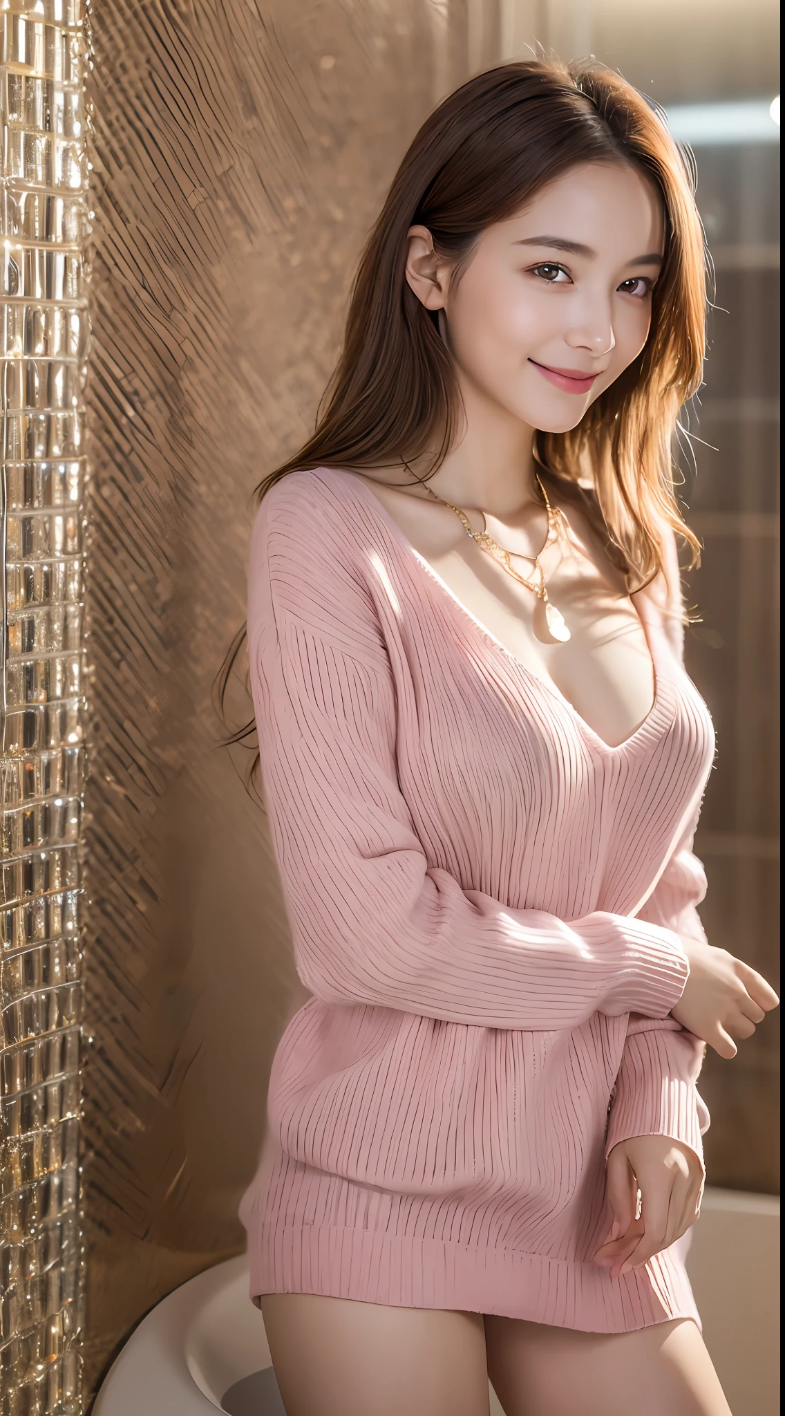 ((Night, Realistic Light, Best Quality, 8K, Masterpiece: 1.3)), 1girl, Slim Beauty: 1.4, Abs: 1.1, (Brown hair, Medium breasts: 1.3), Long pink sweater: 1.1, Bathroom, Super fine face, Delicate eyes, Double eyelids, smile, necklace