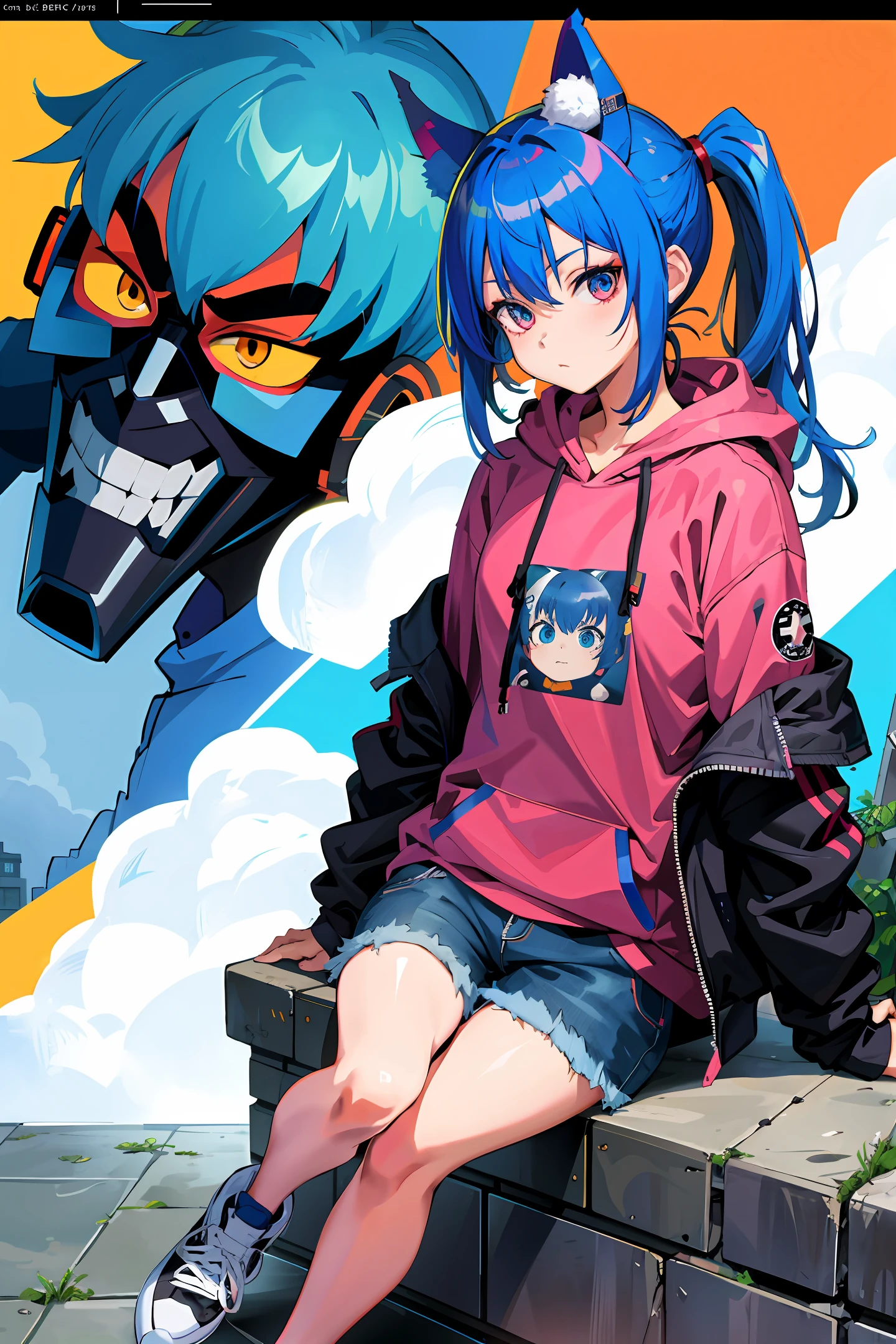 Cool anime girl, oni mask, ponytail, hoodie, black jeans, sneakers, blue hair