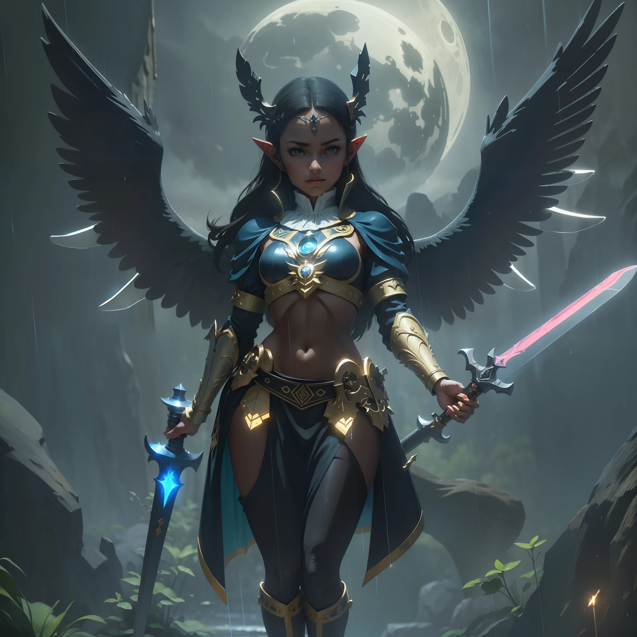 1 pointy-eared black angel, in the rain, under the light of two moons, with sword in hand, full body, beautiful face, high quality, 4k