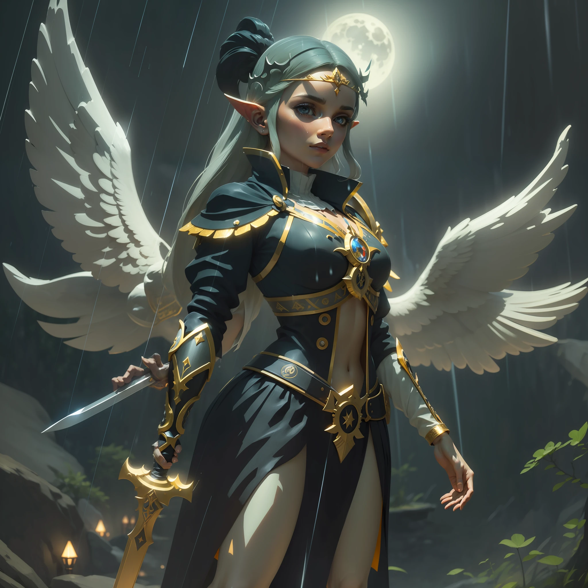 1 pointy-eared black angel, in the rain, under the light of two moons, with sword in hand, full body, beautiful face, high quality, 4k
