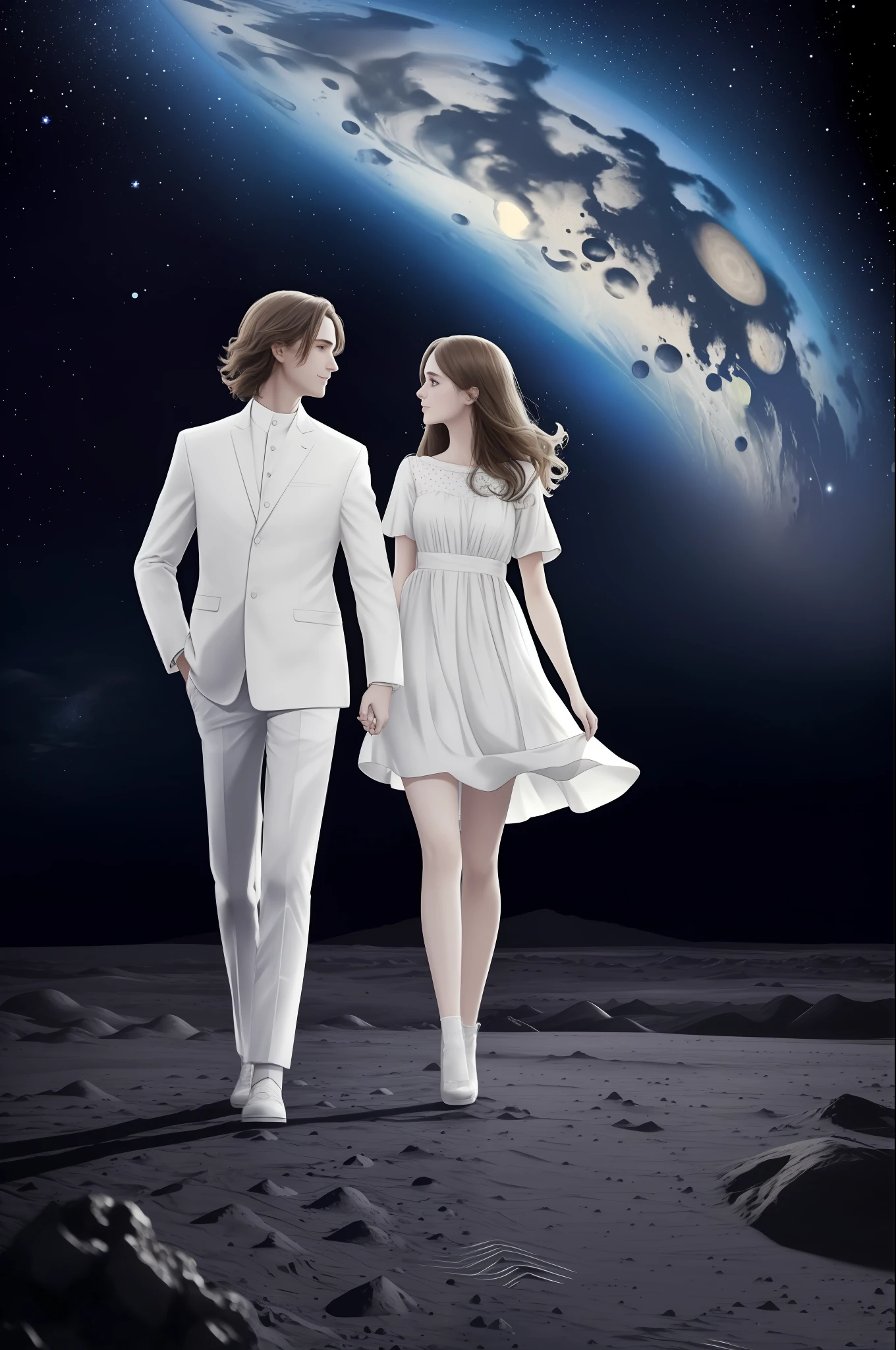 Lovers walking on the moon and contemplating the vast outer space with stars, comets, and other planets in the background, very well detailed sky, masterpiece, best quality, ultra-detailed, floating scene, light white clothes, loose hair, lightly embraced air, soft light, happy and optimistic feelings.
