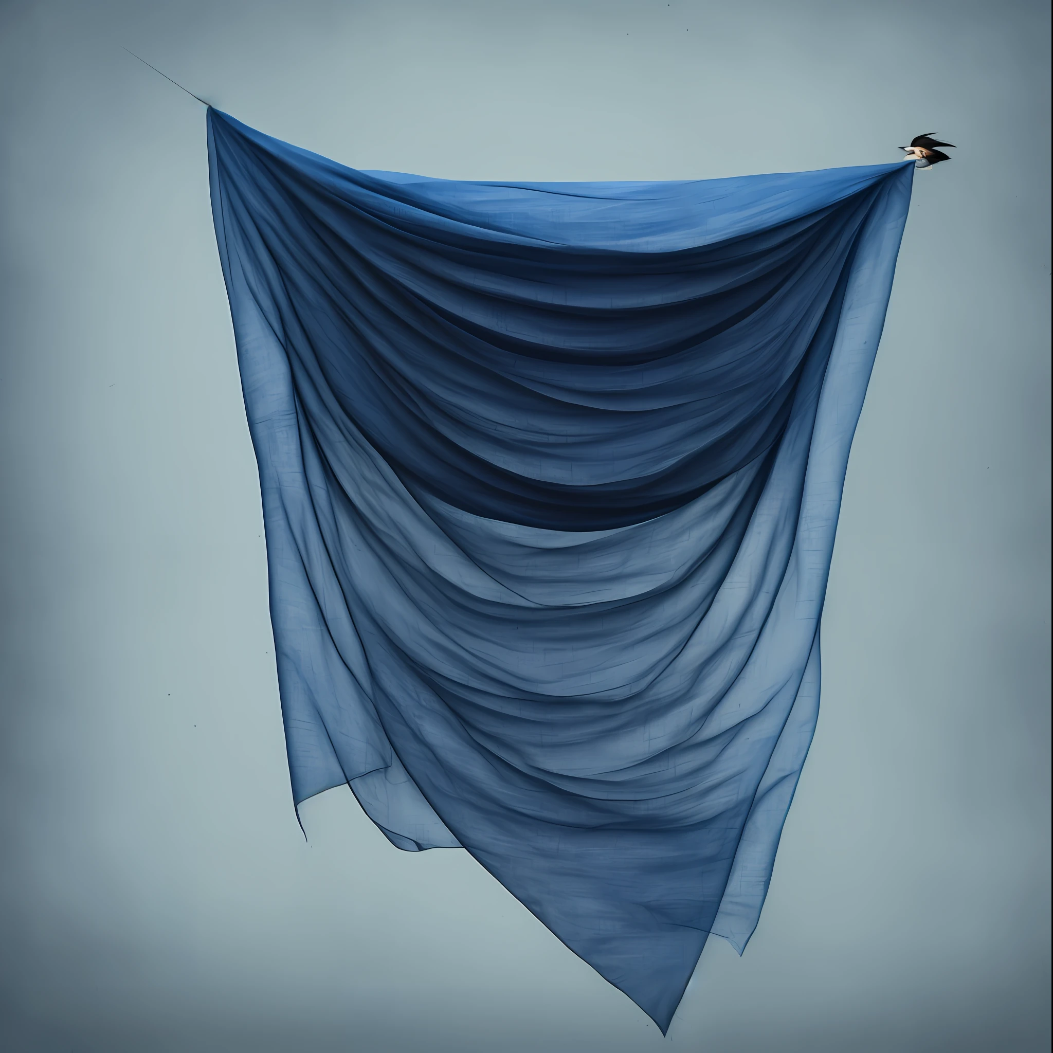 (best quality, small details, masterpiece), an image of a flying veil, minimalist, dark hue, dark blue hue, ("veil flight":1.1), no additional objects, no characters, no pop art tag, no fonts.