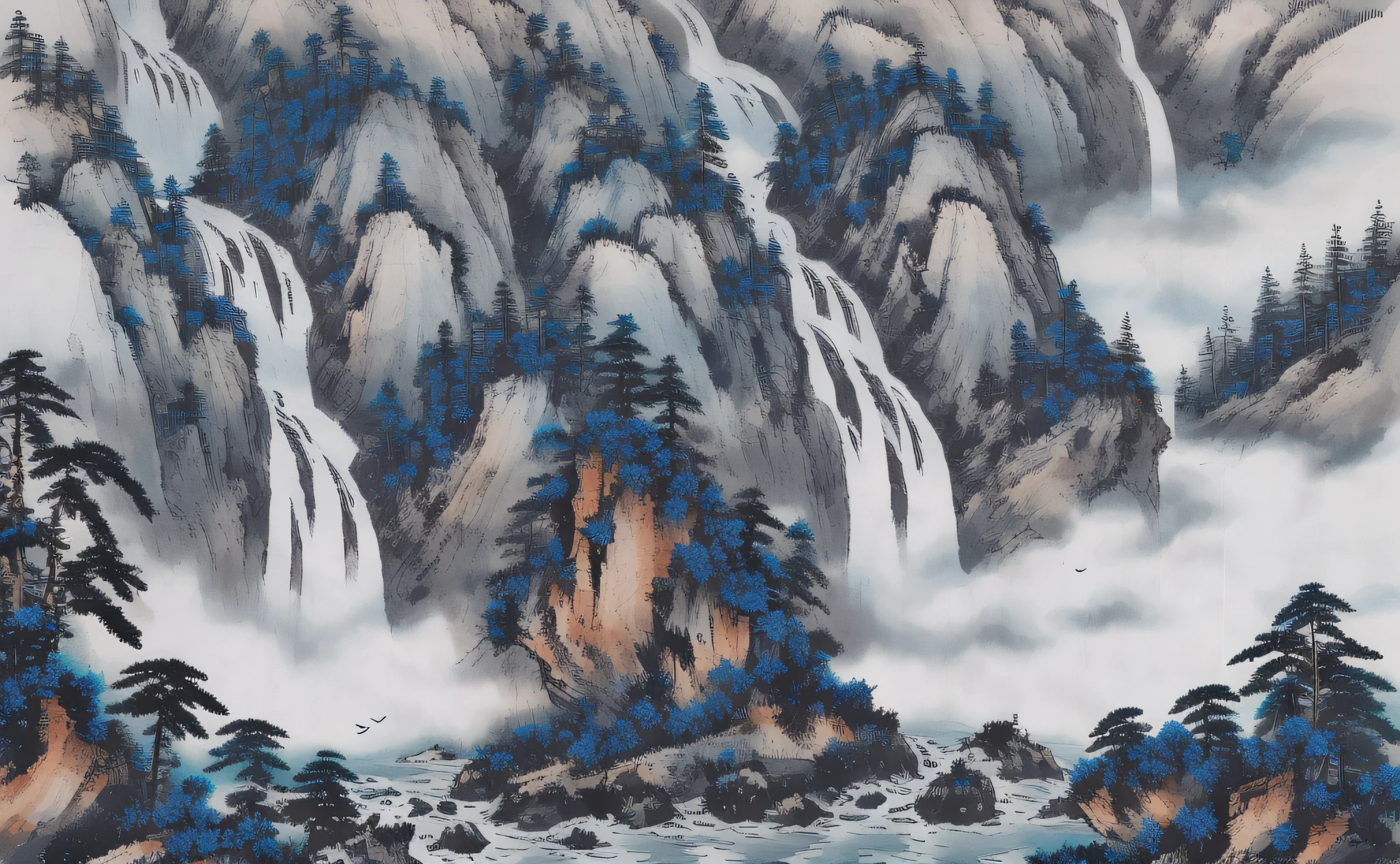 ((materpiece)), ((best quality)), ((high-res)),((extremly details)), ((Ink wash)),  ((artist)), a painting of longly mountain and pine_tree, branch, no_humans, outdoors, scenery, birds, waterfall, indigo paint, zulishisong_style_mountains