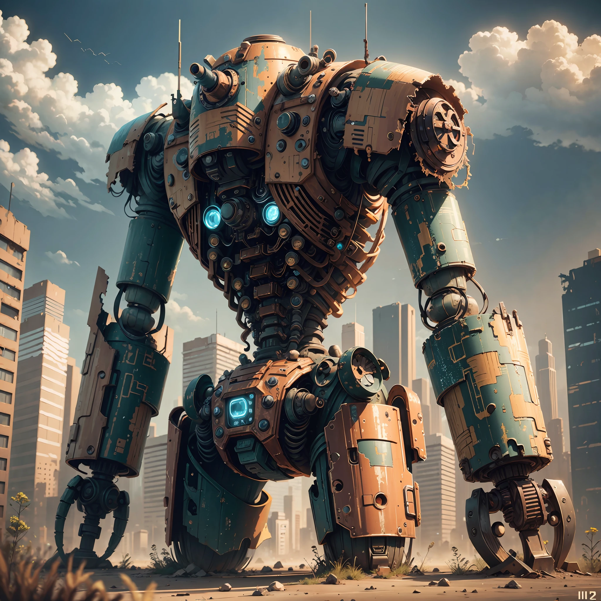A robot, abandoned in a post-apocalypse city, rusty, worn, weathered paint, rich in detail, 4k, ultra realistic --auto --s2